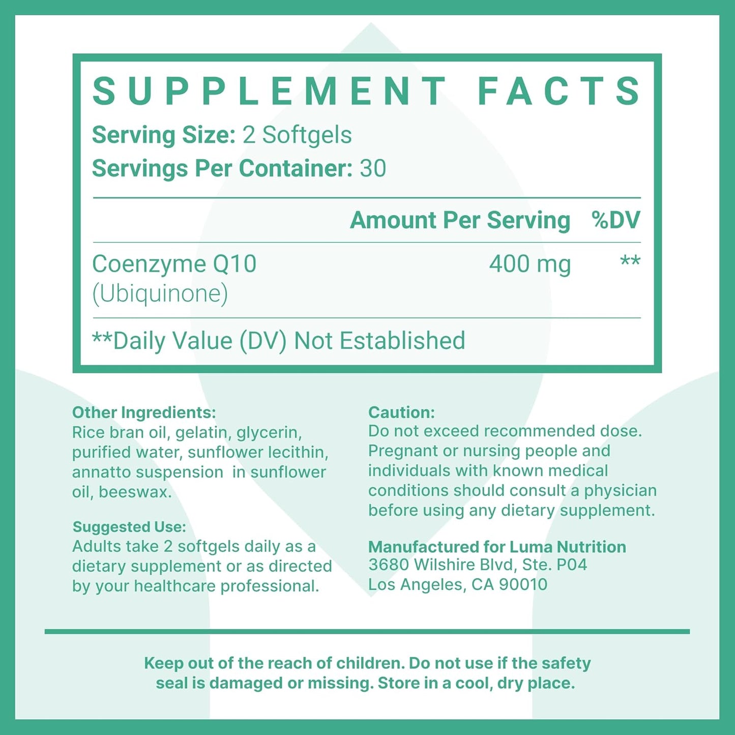 Premium Luma Nutrition CoQ10 400mg Softgels - High Potency Coenzyme Q10 - 60 Liquid Softgels, 2x200mg per Serving