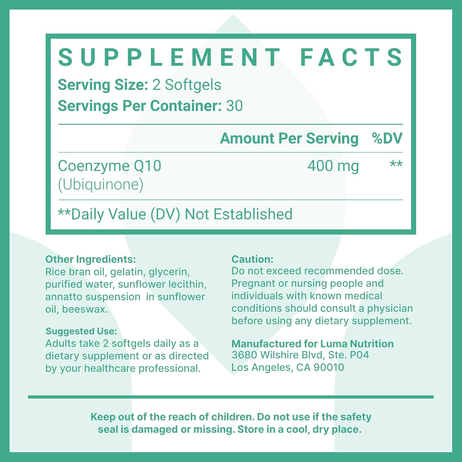 Premium Luma Nutrition CoQ10 400mg Softgels - High Potency Coenzyme Q10 - 60 Liquid Softgels, 2x200mg per Serving