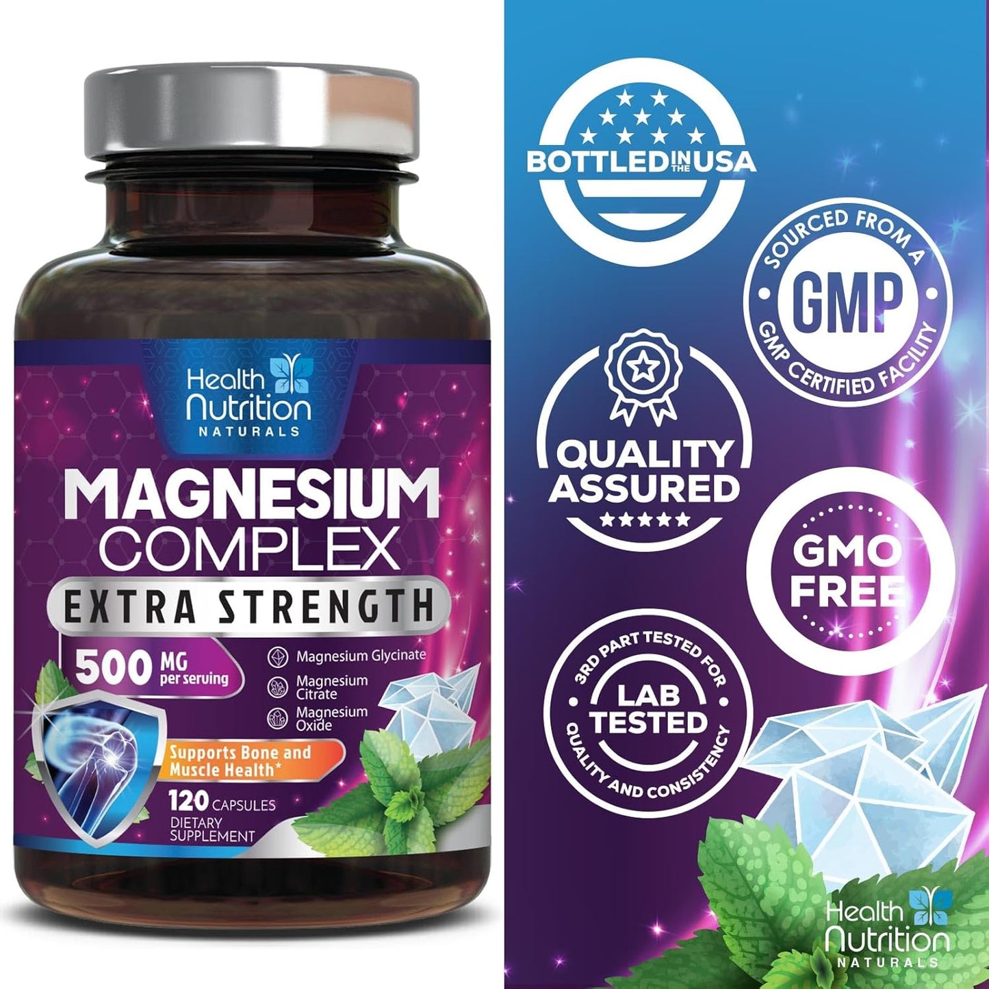 Premium Magnesium Citrate Capsules 500mg - Muscle, Nerve, Bone & Heart Health Support - High Absorption Complex - Gluten Free - Non-GMO - 120 Capsules
