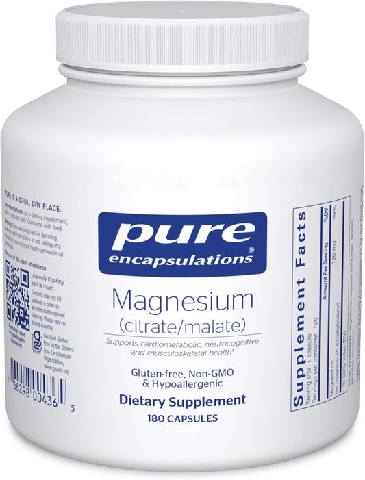 Premium Magnesium Citrate/Malate Supplement for Energy, Bone & Heart Health - 180 Capsules - Supports Nutrient Utilization - Pure Encapsulations