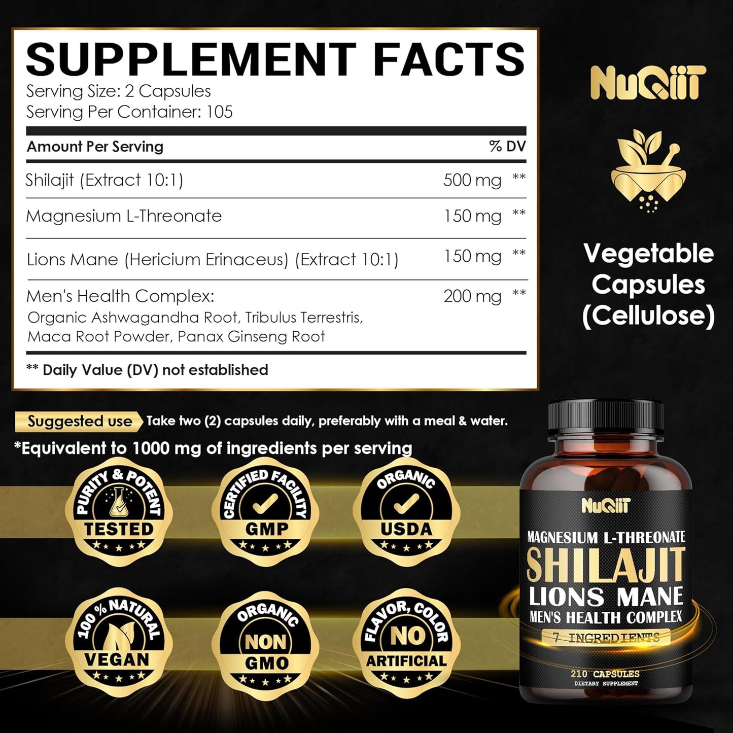 Premium Male's Health Complex Capsules with Magnesium L-Threonate, Lions Mane, Shilajit, Ashwagandha, Maca Root & More - 210 Capsules for Immune, Brain Health, Energy