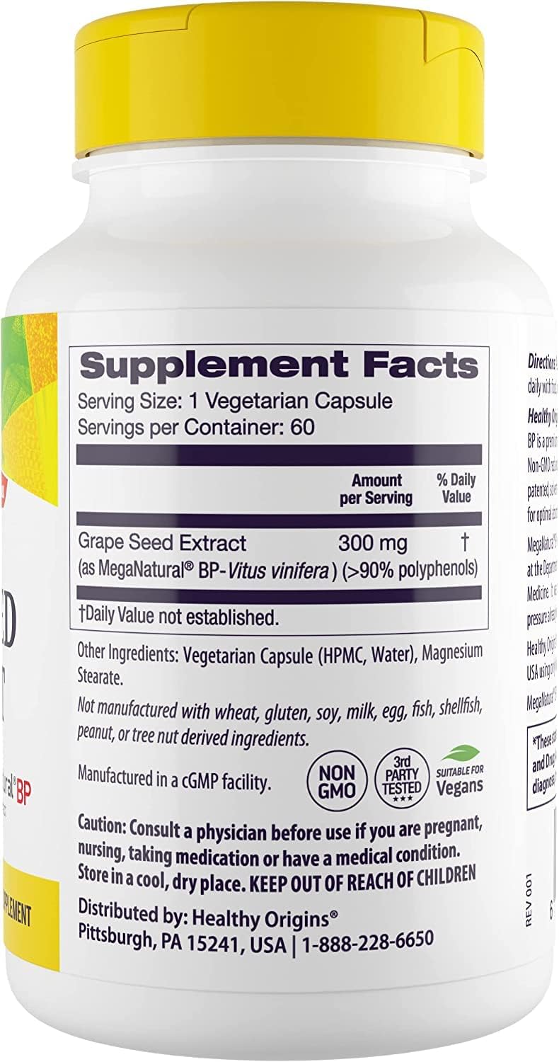 Premium MegaNatural BP-Grape Seed Extract Capsules - 300mg - Blood Flow & Cardio Support - Non-GMO - Gluten-Free - 60 Veg Caps