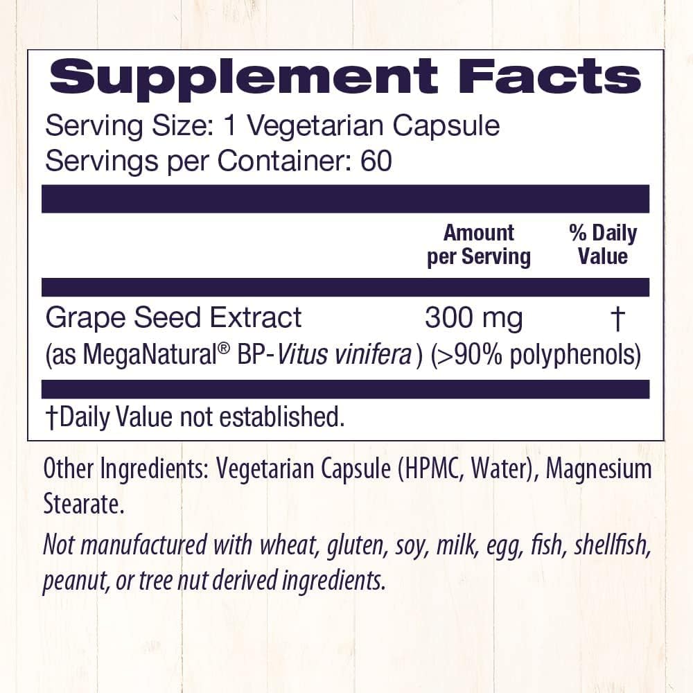 Premium MegaNatural BP-Grape Seed Extract Capsules - 300mg - Blood Flow & Cardio Support - Non-GMO - Gluten-Free - 60 Veg Caps