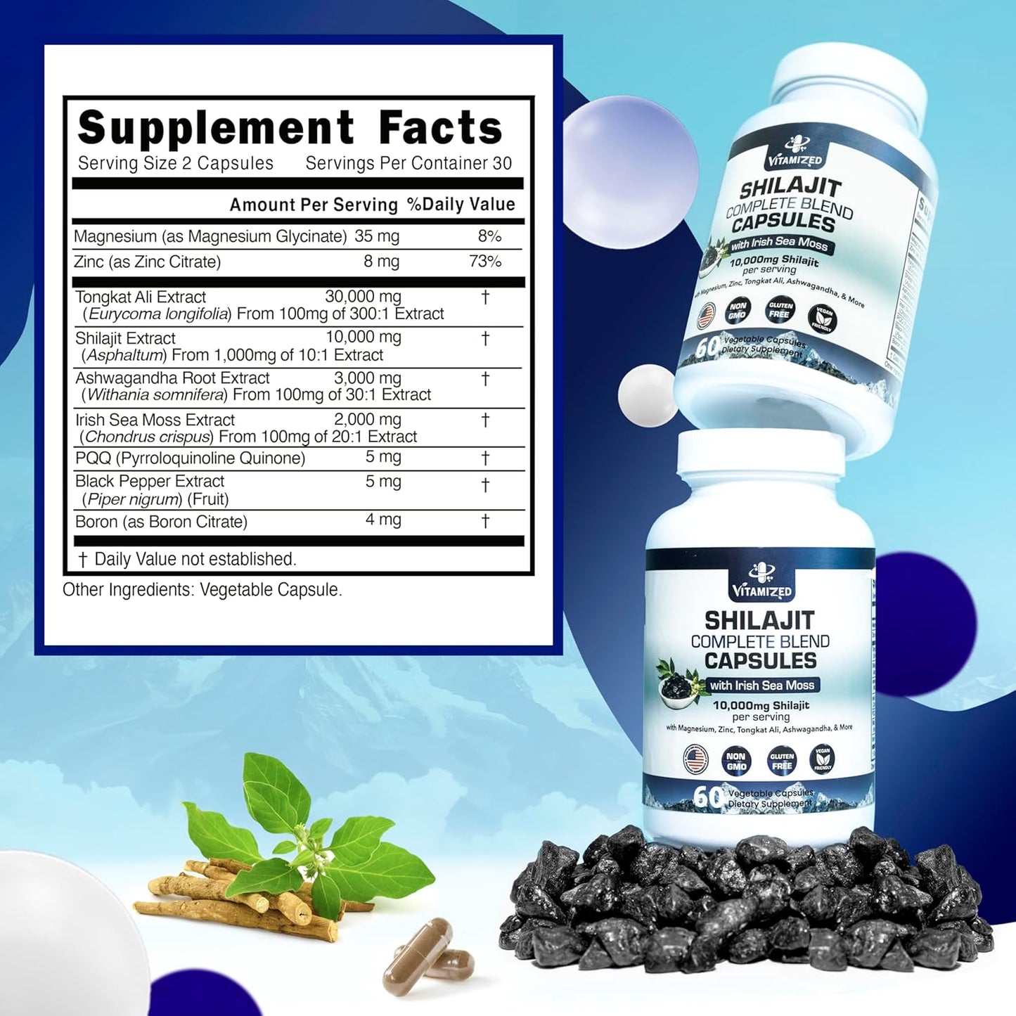 Premium Men's Vitality Supplement - 10,000mg Pure Himalayan Shilajit with Ashwagandha, Tongkat Ali, Sea Moss & More | Boost Stamina, Metabolism & Energy - 60 Capsules