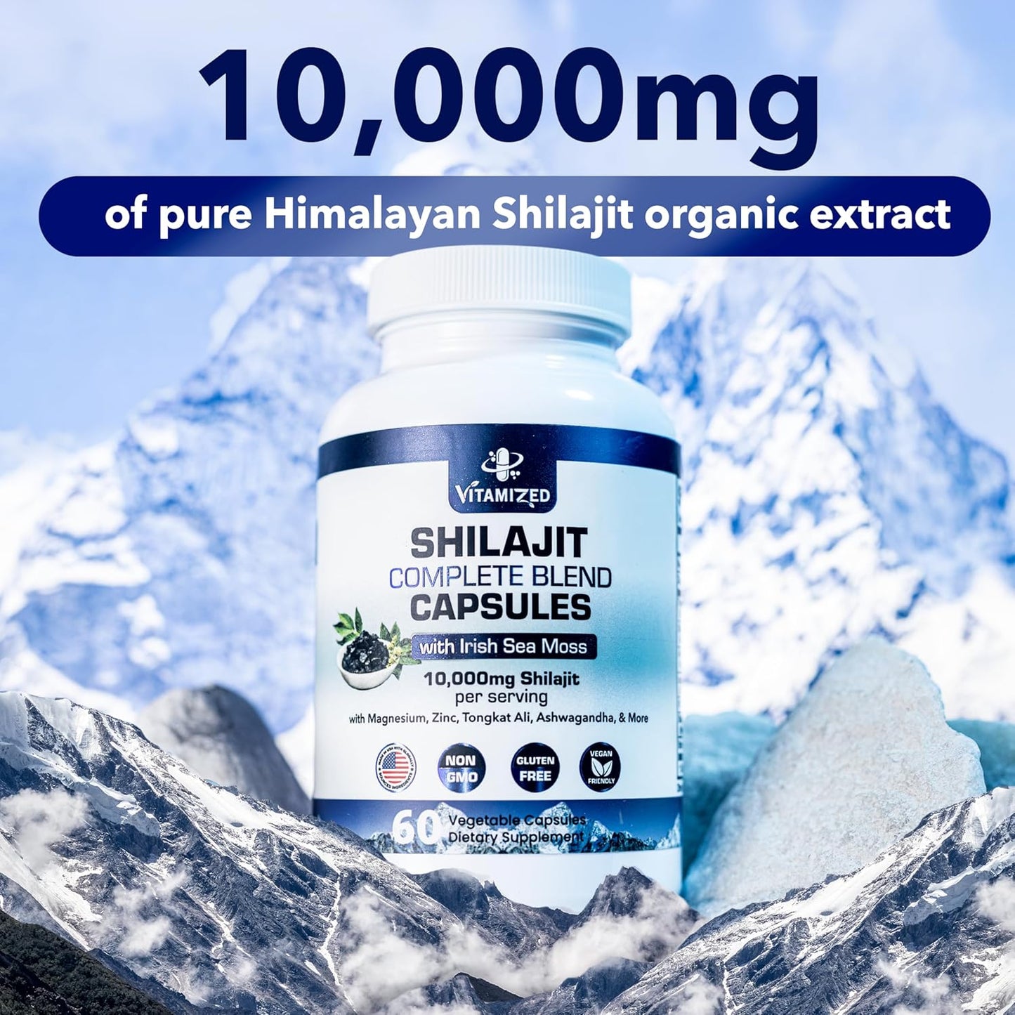 Premium Men's Vitality Supplement - 10,000mg Pure Himalayan Shilajit with Ashwagandha, Tongkat Ali, Sea Moss & More | Boost Stamina, Metabolism & Energy - 60 Capsules