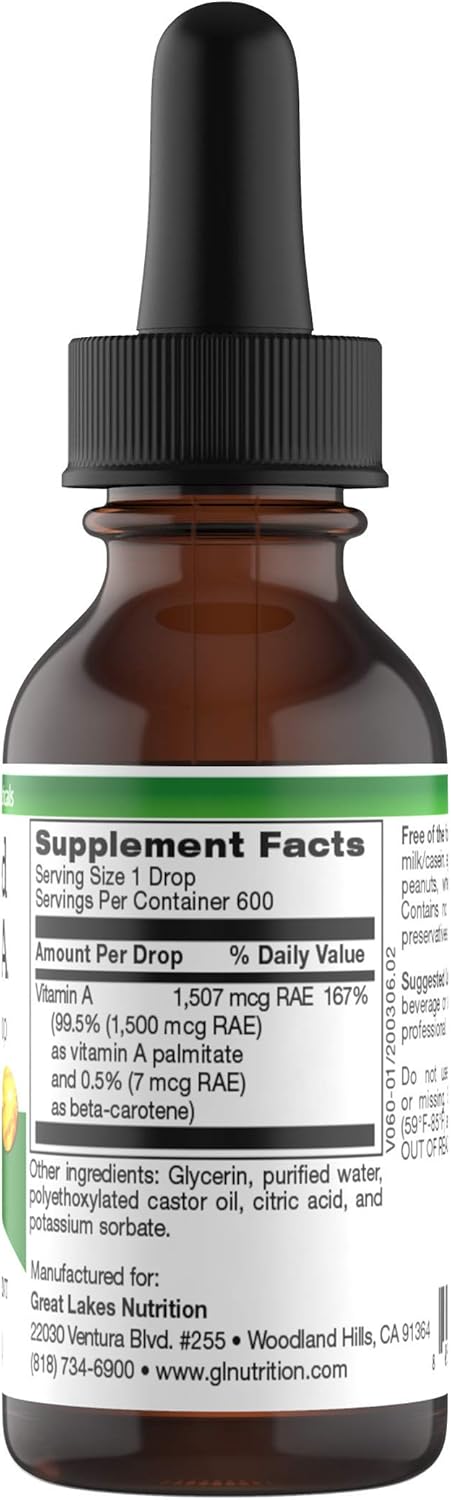 Premium Micellized Vitamin A Drops for Men & Women - Liquid Palmitate & Beta Carotene Supplement - 1,507mcg RAE - 5025IU per Drop - 1 Oz - Great Lakes Nutrition