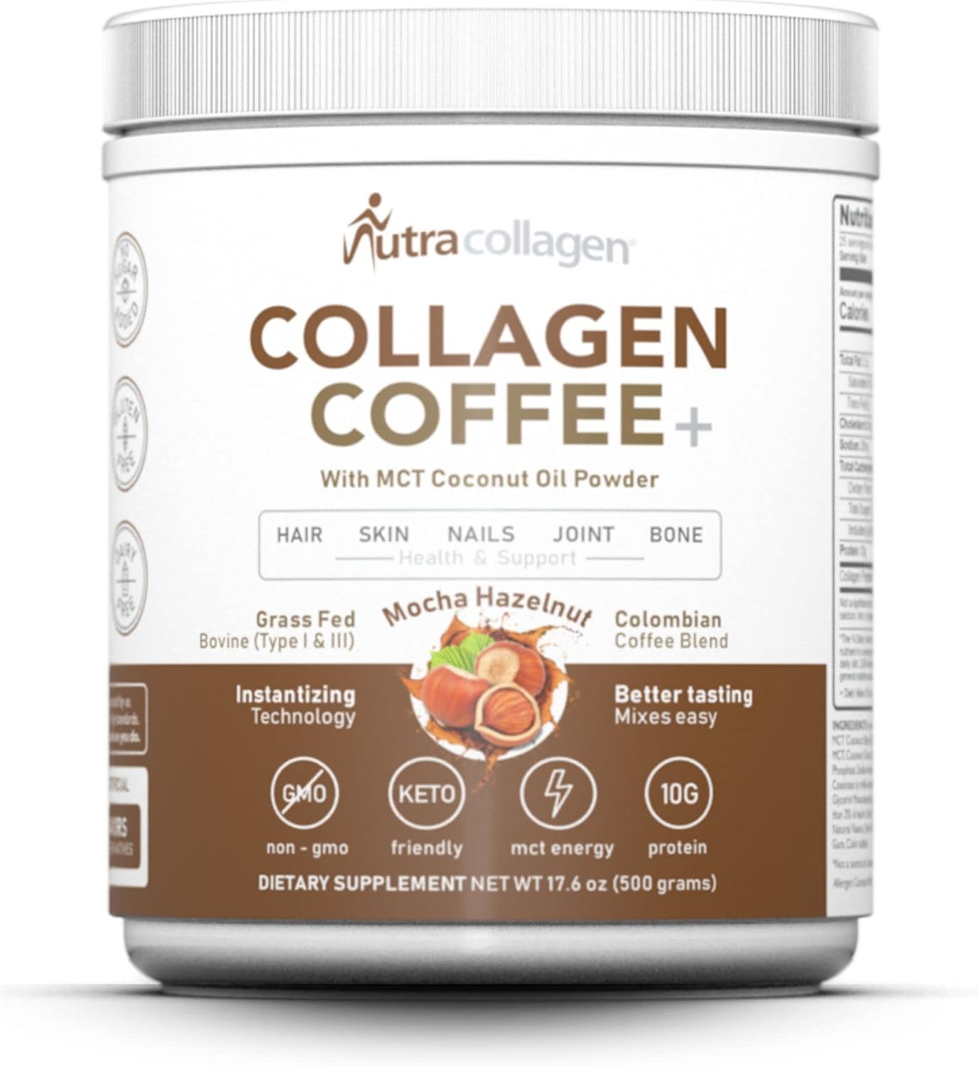 Premium Mocha Hazelnut Collagen Coffee Powder with MCT Coconut Oil - Keto Friendly, Grass-Fed, Soy and Gluten Free