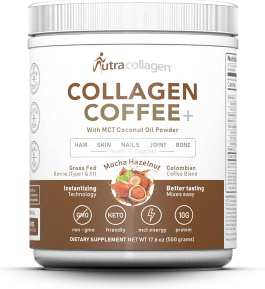 Premium Mocha Hazelnut Collagen Coffee Powder with MCT Coconut Oil - Keto Friendly, Grass-Fed, Soy and Gluten Free