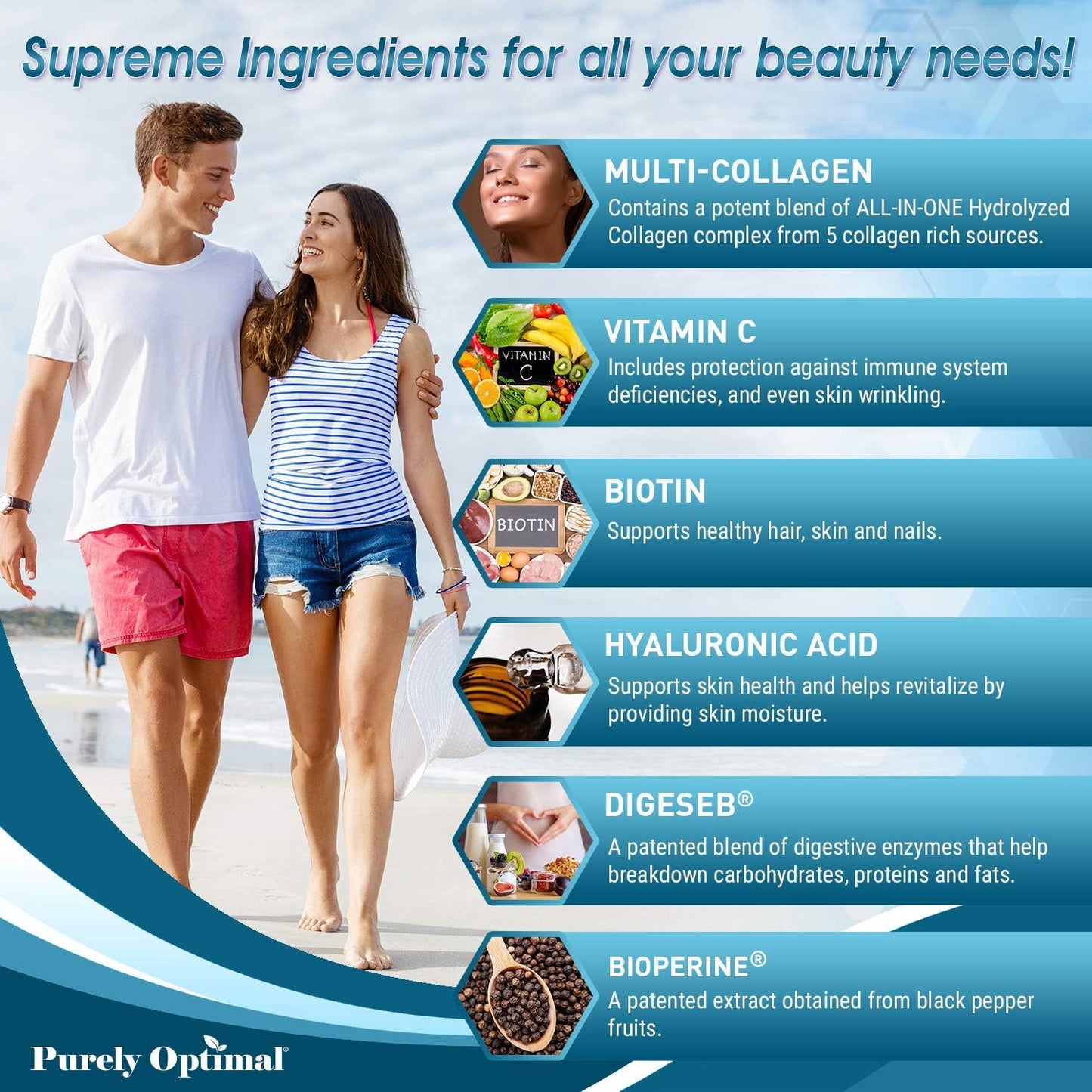 Premium Multi Collagen Peptides Capsules with Vitamin C, Hyaluronic Acid, Biotin - Skin Care, Hair Growth, Nails & Joints - Types I, II, III, V, X - 120 Count