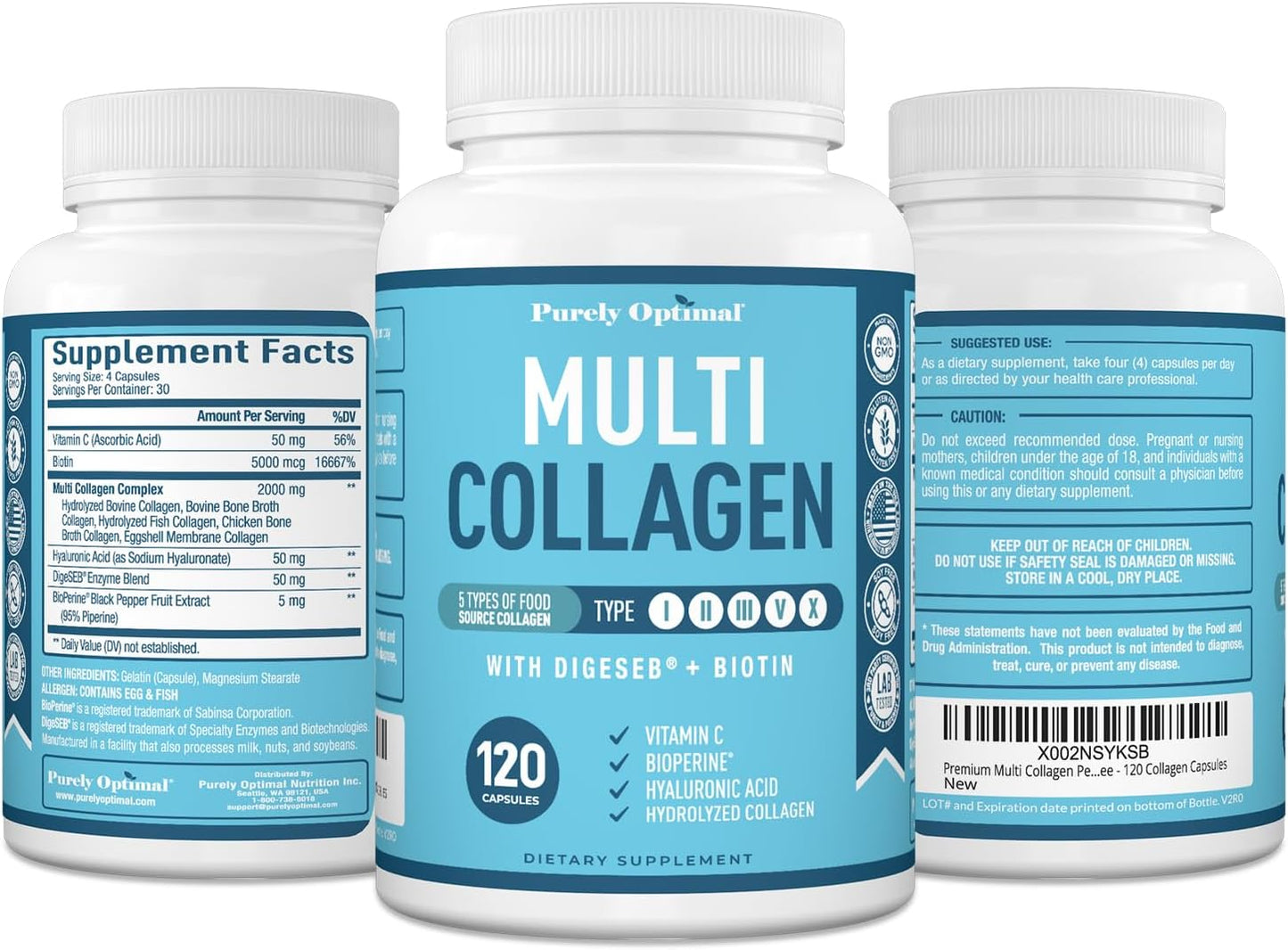 Premium Multi Collagen Peptides Capsules with Vitamin C, Hyaluronic Acid, Biotin - Skin Care, Hair Growth, Nails & Joints - Types I, II, III, V, X - 120 Count