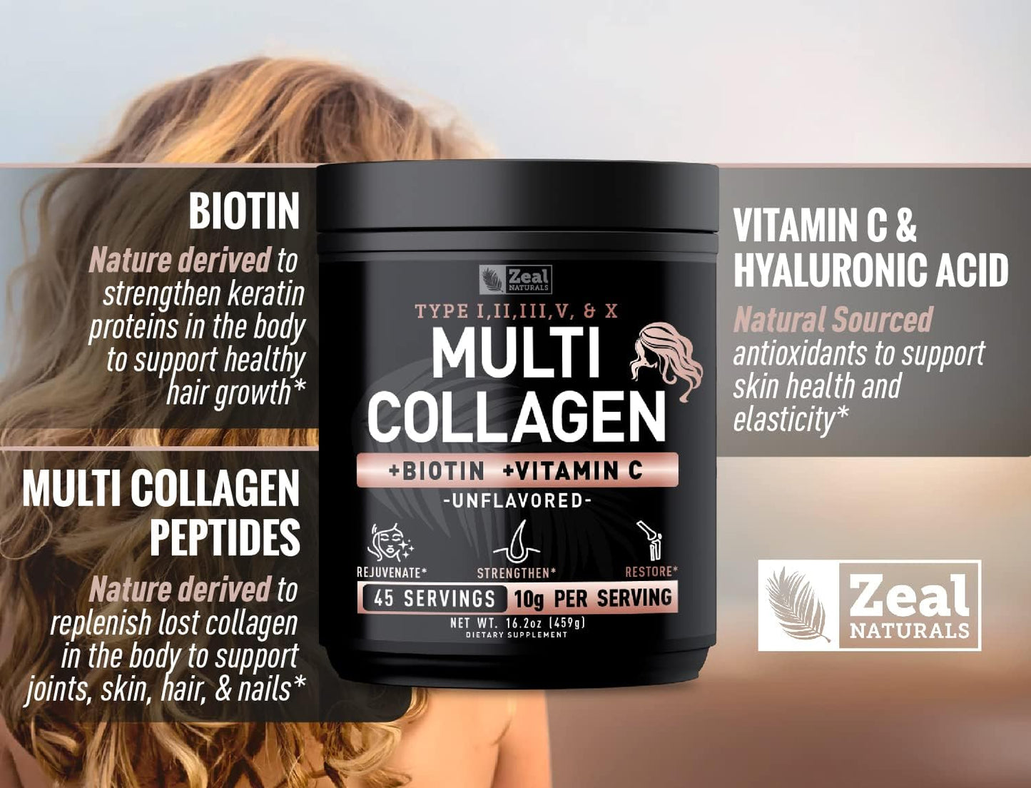 Premium Multi Collagen Peptides Protein Powder with Vitamin C, Biotin, Hyaluronic Acid for Hair Skin and Nails - Marine, Bovine, Chicken & Eggshell - Unflavored (45 Servings)