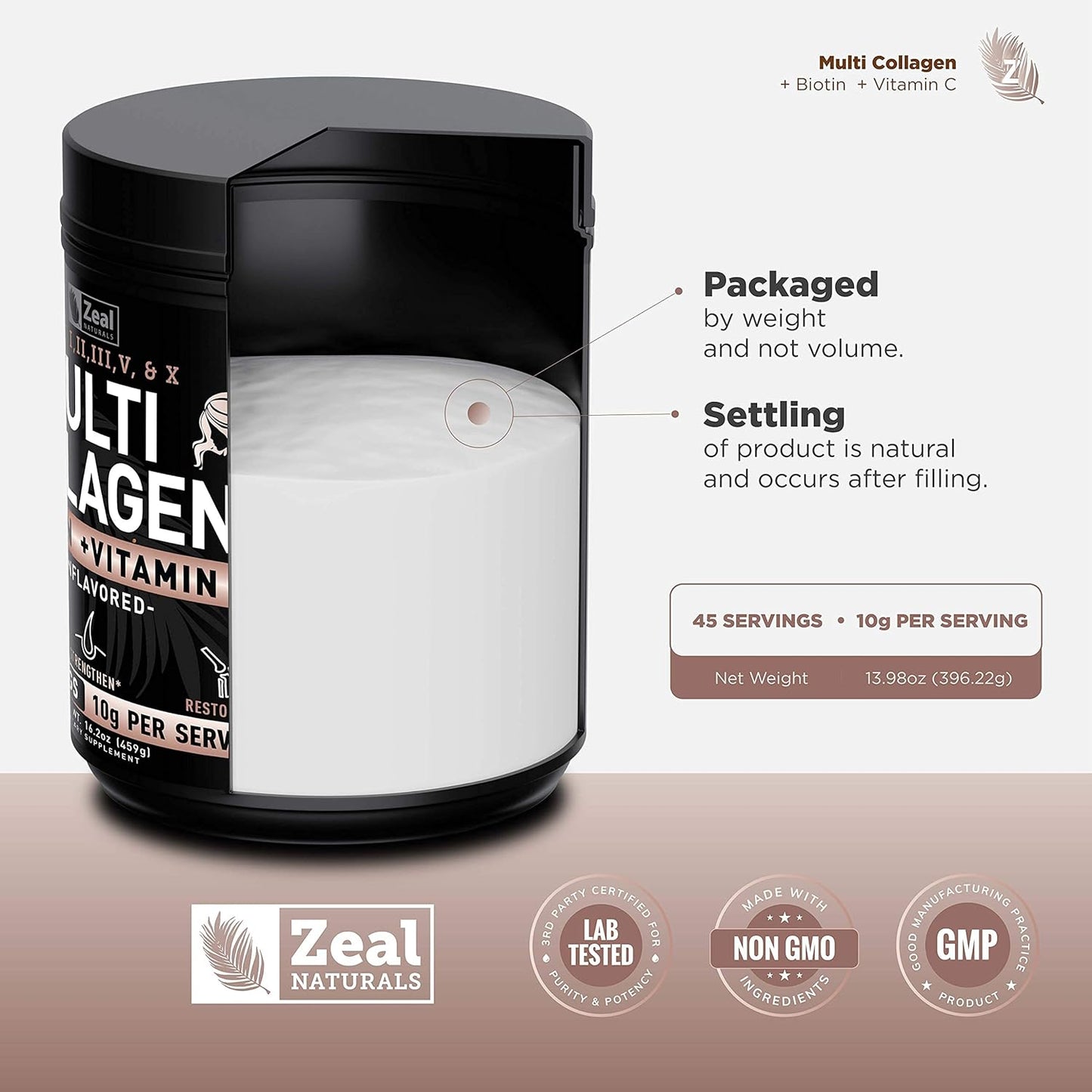Premium Multi Collagen Peptides Protein Powder with Vitamin C, Biotin, Hyaluronic Acid for Hair Skin and Nails - Marine, Bovine, Chicken & Eggshell - Unflavored (45 Servings)