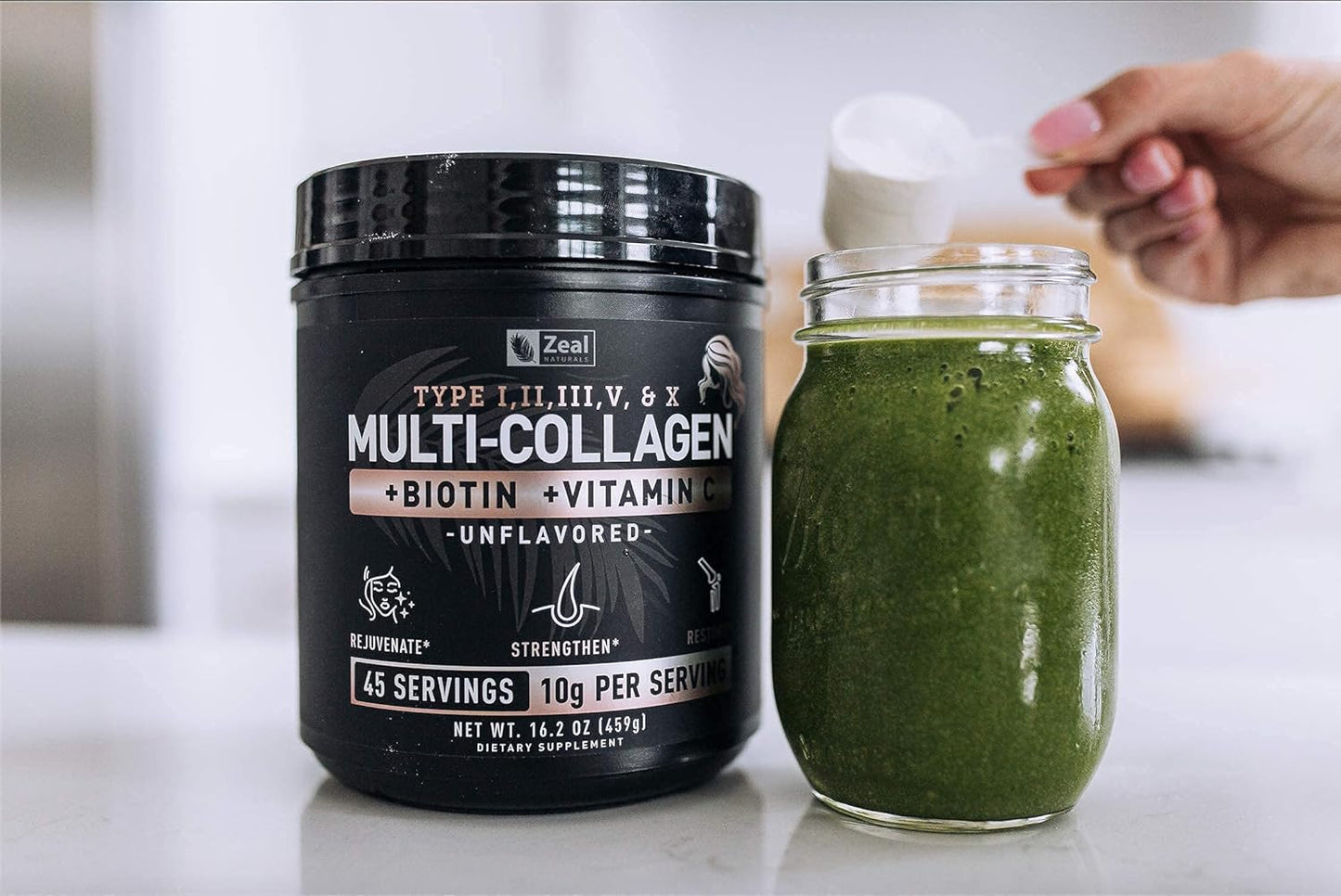 Premium Multi Collagen Peptides Protein Powder with Vitamin C, Biotin, Hyaluronic Acid for Hair Skin and Nails - Marine, Bovine, Chicken & Eggshell - Unflavored (45 Servings)