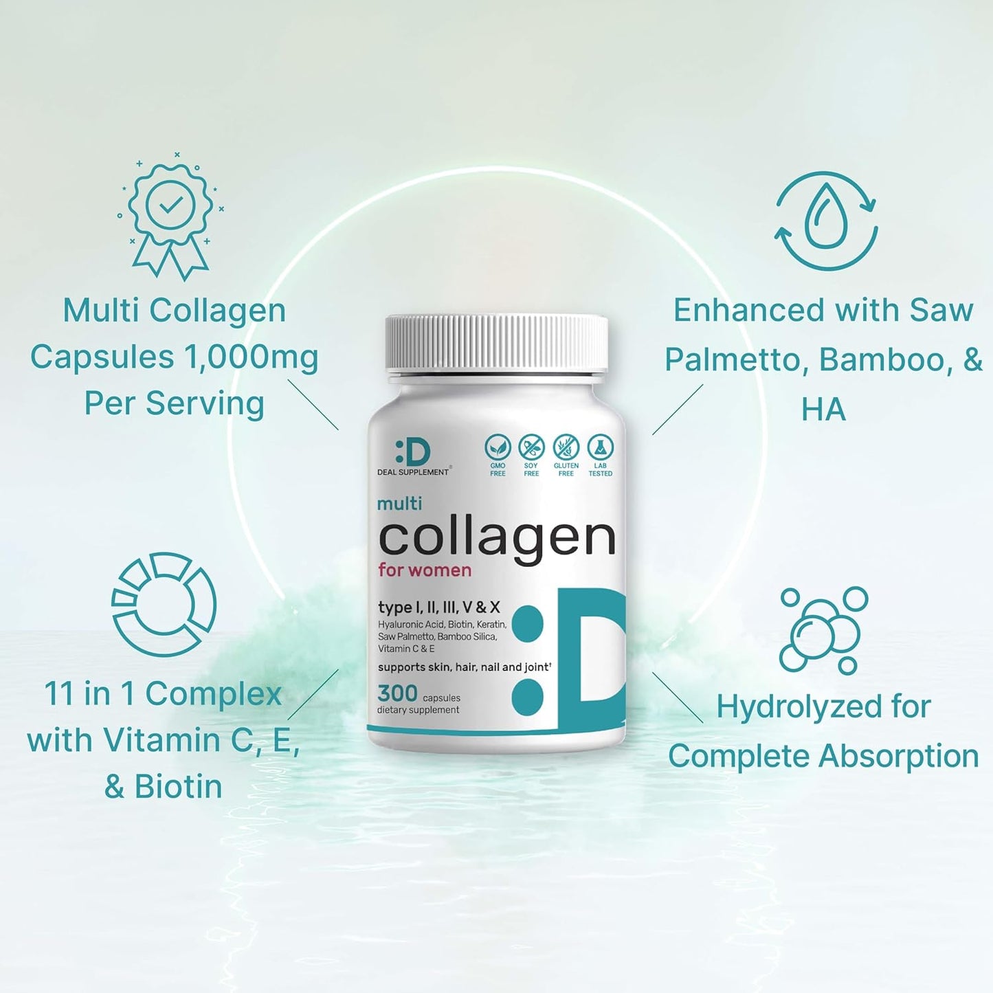 Premium Multi Collagen Pills with Vitamin C, E, and Biotin - 300 Capsules - Hydrolyzed Collagen Peptides - Saw Palmetto, Bamboo Silica, and Hyaluronic Acid - 11-in-1 Formula for Hair, Skin, Nails, and Joints