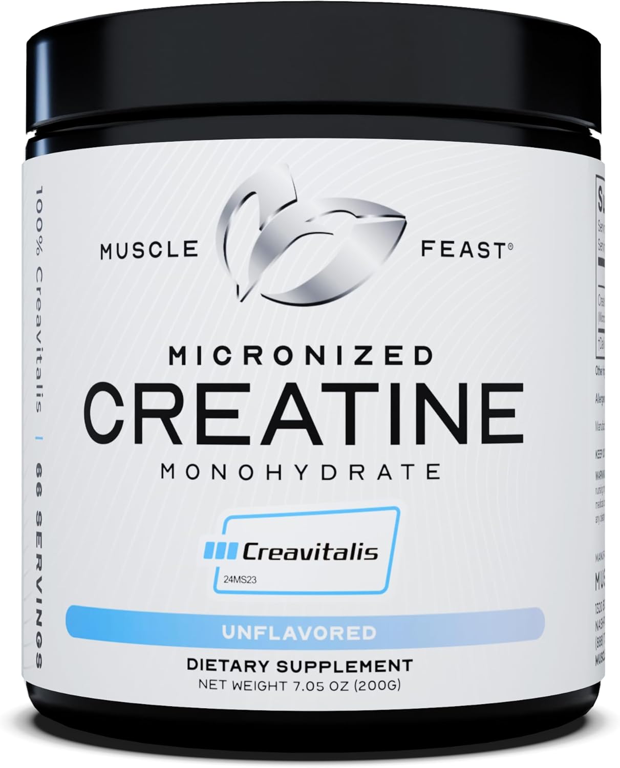 Premium Muscle Feast Creavitalis Micronized Creatine Monohydrate Powder - Easy Mix, Gluten-Free, Safe & Pure - Unflavored 200g - Ideal for Pre or Post-Workout