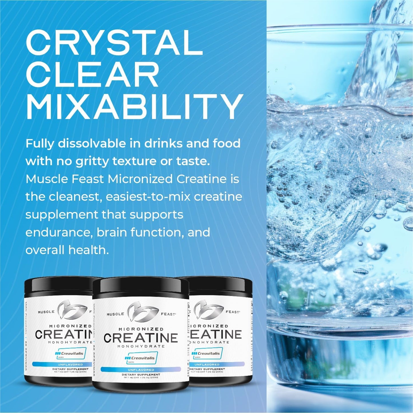 Premium Muscle Feast Creavitalis Micronized Creatine Monohydrate Powder - Easy Mix, Gluten-Free, Safe & Pure - Unflavored 200g - Ideal for Pre or Post-Workout