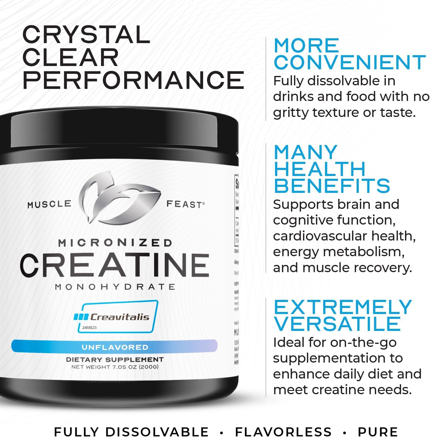 Premium Muscle Feast Creavitalis Micronized Creatine Monohydrate Powder - Easy Mix, Gluten-Free, Safe & Pure - Unflavored 200g - Ideal for Pre or Post-Workout