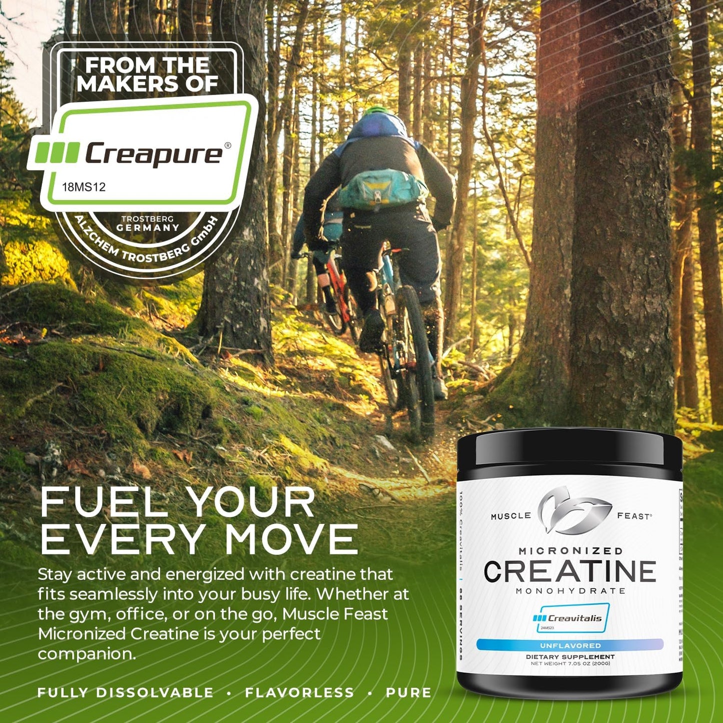Premium Muscle Feast Creavitalis Micronized Creatine Monohydrate Powder - Easy Mix, Gluten-Free, Safe & Pure - Unflavored 200g - Ideal for Pre or Post-Workout