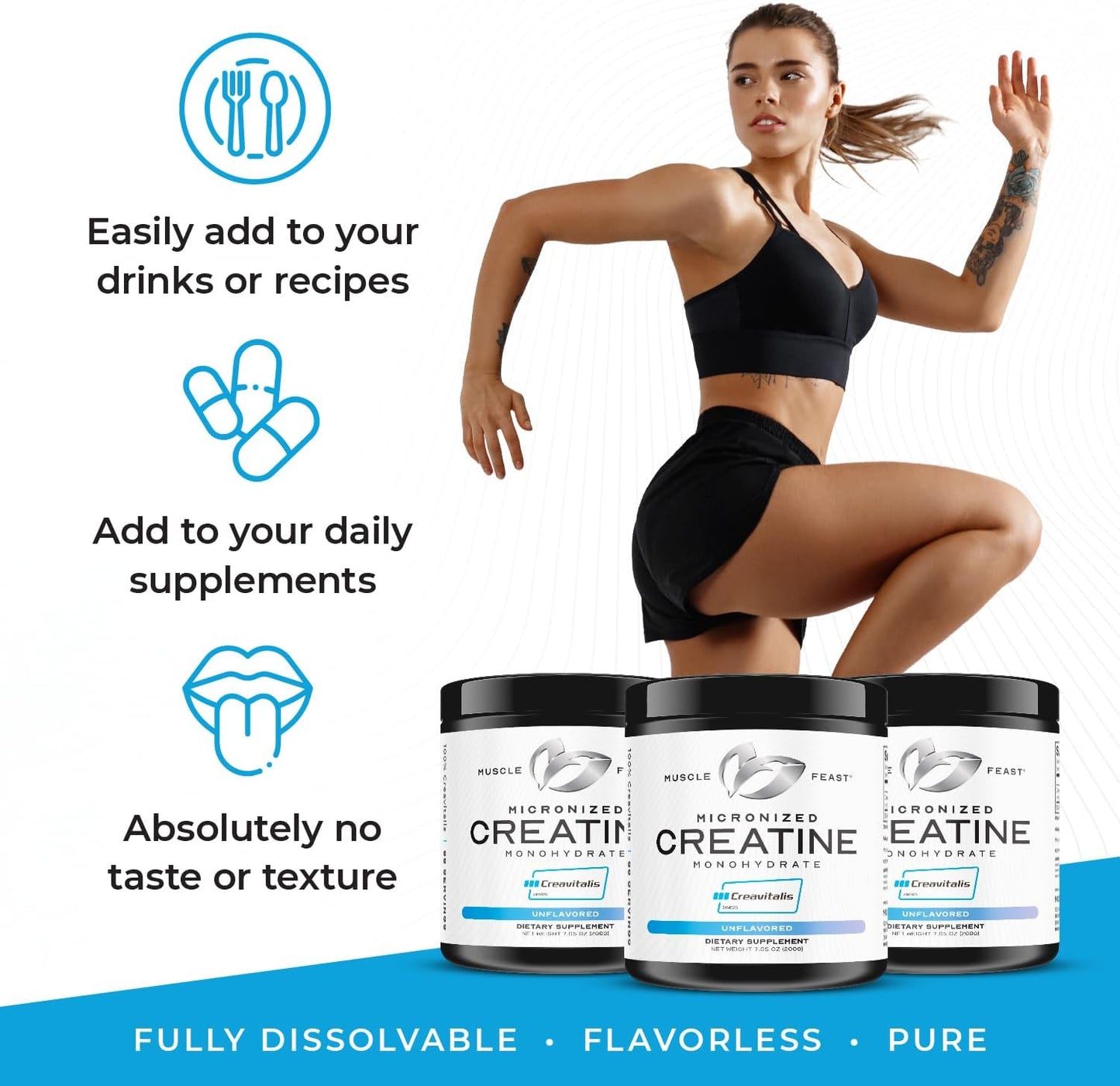 Premium Muscle Feast Creavitalis Micronized Creatine Monohydrate Powder - Easy Mix, Gluten-Free, Safe & Pure - Unflavored 200g - Ideal for Pre or Post-Workout