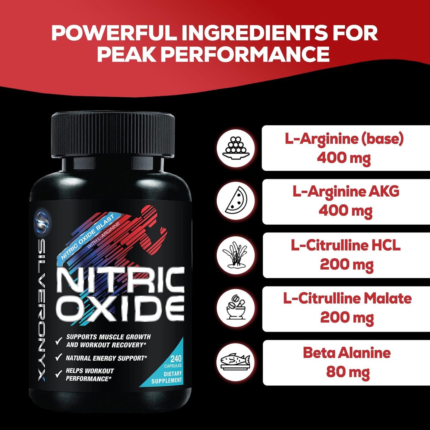 Premium Muscle Support Nitric Oxide Booster with L-Arginine, Citrulline Malate, AAKG, Beta Alanine - 3X Strength Formula for Energy & Strength - 240 Capsules by SILVERONYX