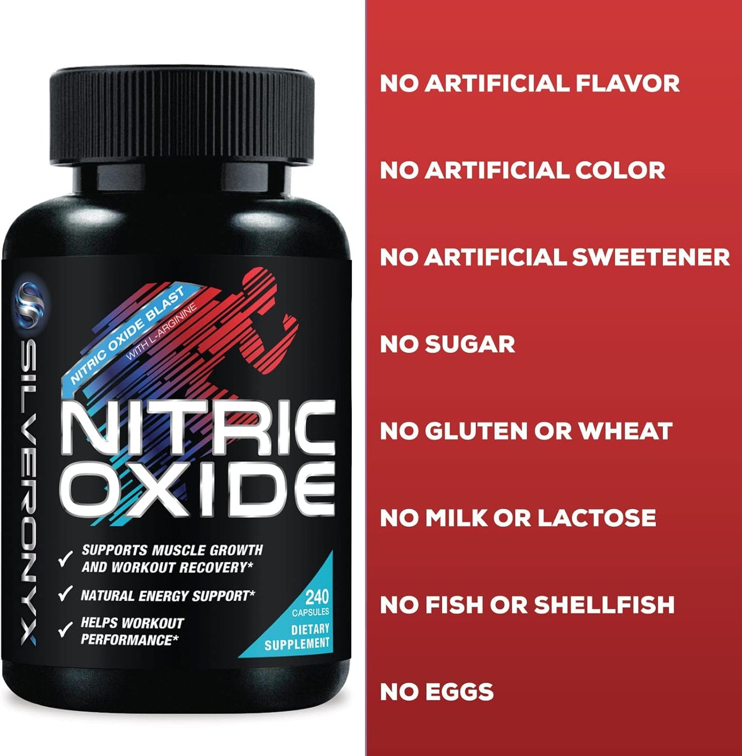 Premium Muscle Support Nitric Oxide Booster with L-Arginine, Citrulline Malate, AAKG, Beta Alanine - 3X Strength Formula for Energy & Strength - 240 Capsules by SILVERONYX