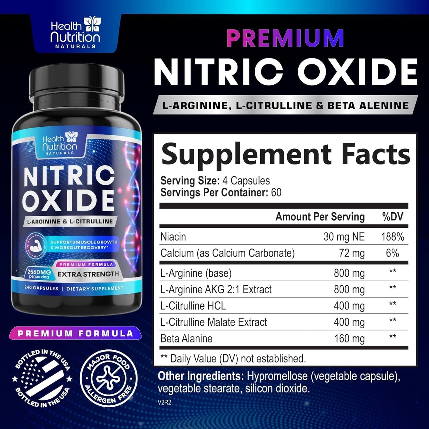 Premium Muscle Support Nitric Oxide Supplement - Extra Strength L-Arginine Blend with Citrulline Malate, AAKG, and Beta Alanine - Boost Energy & Strength for Intense Workouts - 240 Capsules