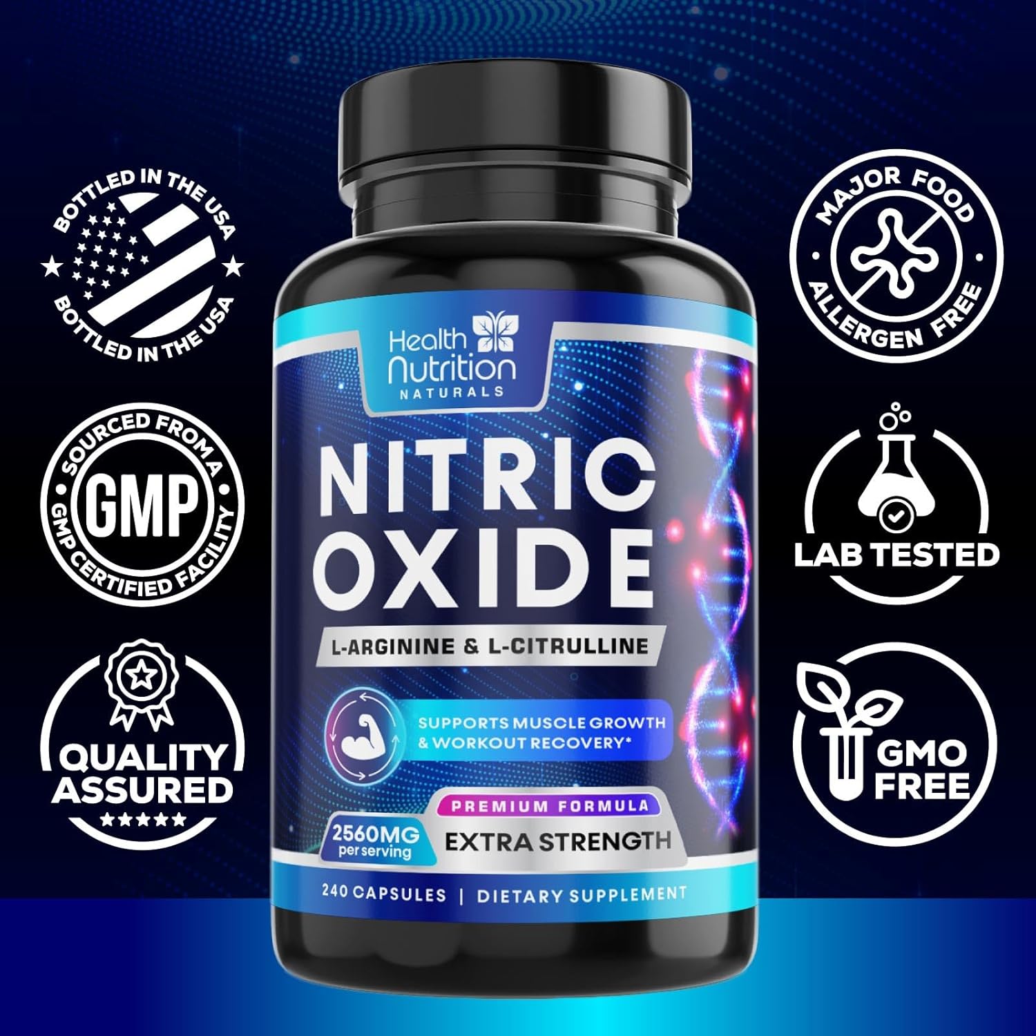 Premium Muscle Support Nitric Oxide Supplement - Extra Strength L-Arginine Blend with Citrulline Malate, AAKG, and Beta Alanine - Boost Energy & Strength for Intense Workouts - 240 Capsules
