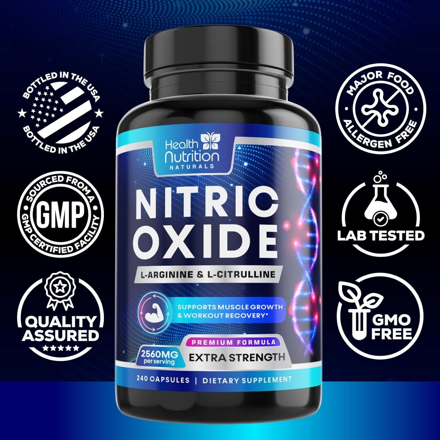 Premium Muscle Support Nitric Oxide Supplement - Extra Strength L-Arginine Blend with Citrulline Malate, AAKG, and Beta Alanine - Boost Energy & Strength for Intense Workouts - 240 Capsules