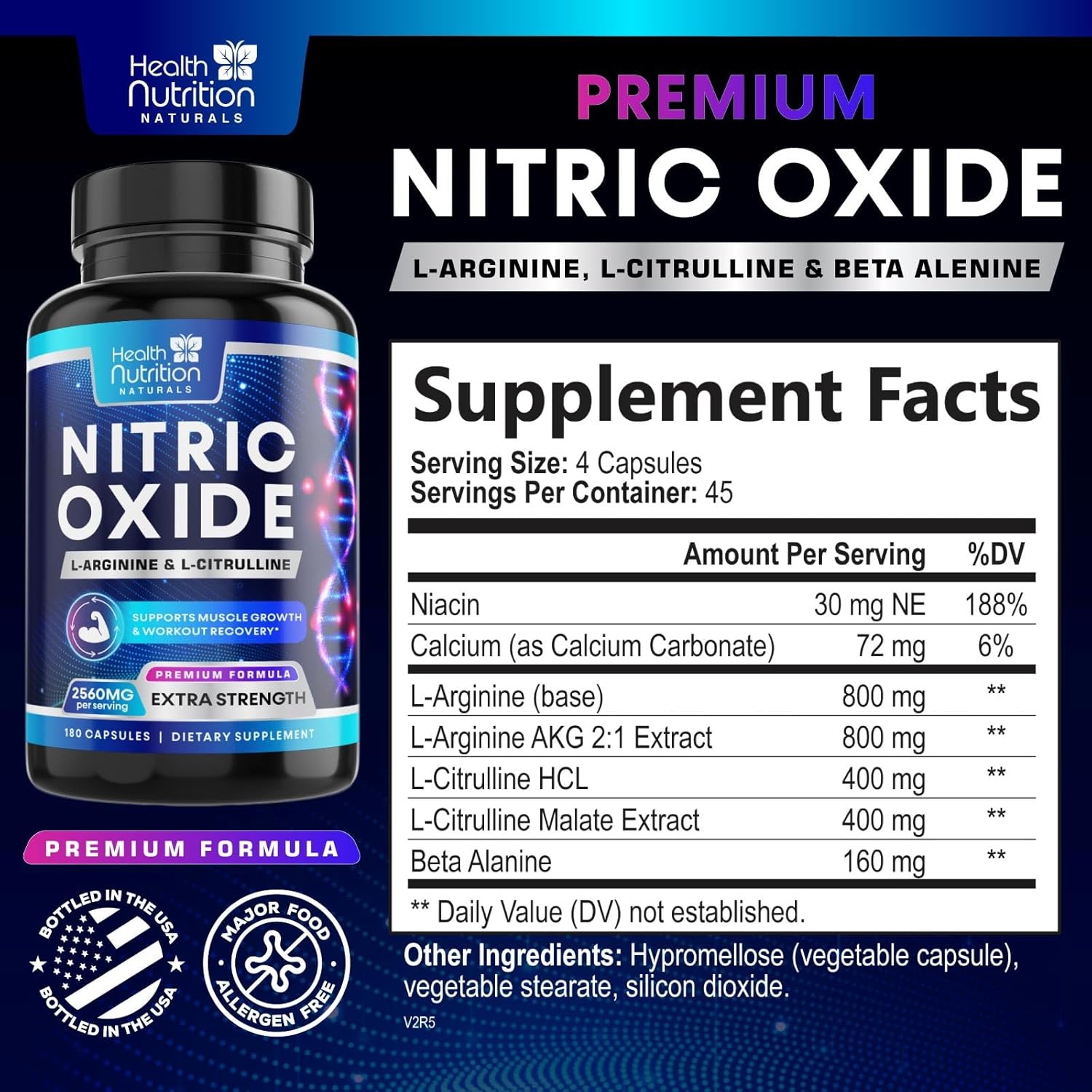 Premium Muscle Supporting Nitric Oxide Supplement - Extra Strength L-Arginine Blend with Citrulline Malate, AAKG, Beta Alanine - Boost Energy & Strength for Intense Workouts - 180 Capsules