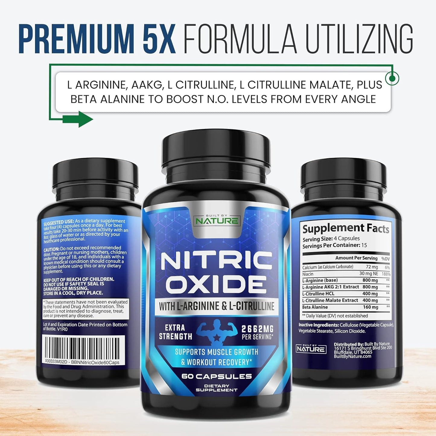 Premium Muscle Supporting Nitric Oxide Supplement - Extra Strength L Arginine with Citrulline Malate, AAKG, and Beta Alanine - Boost Strength & Energy for Harder Training - 60 Capsules