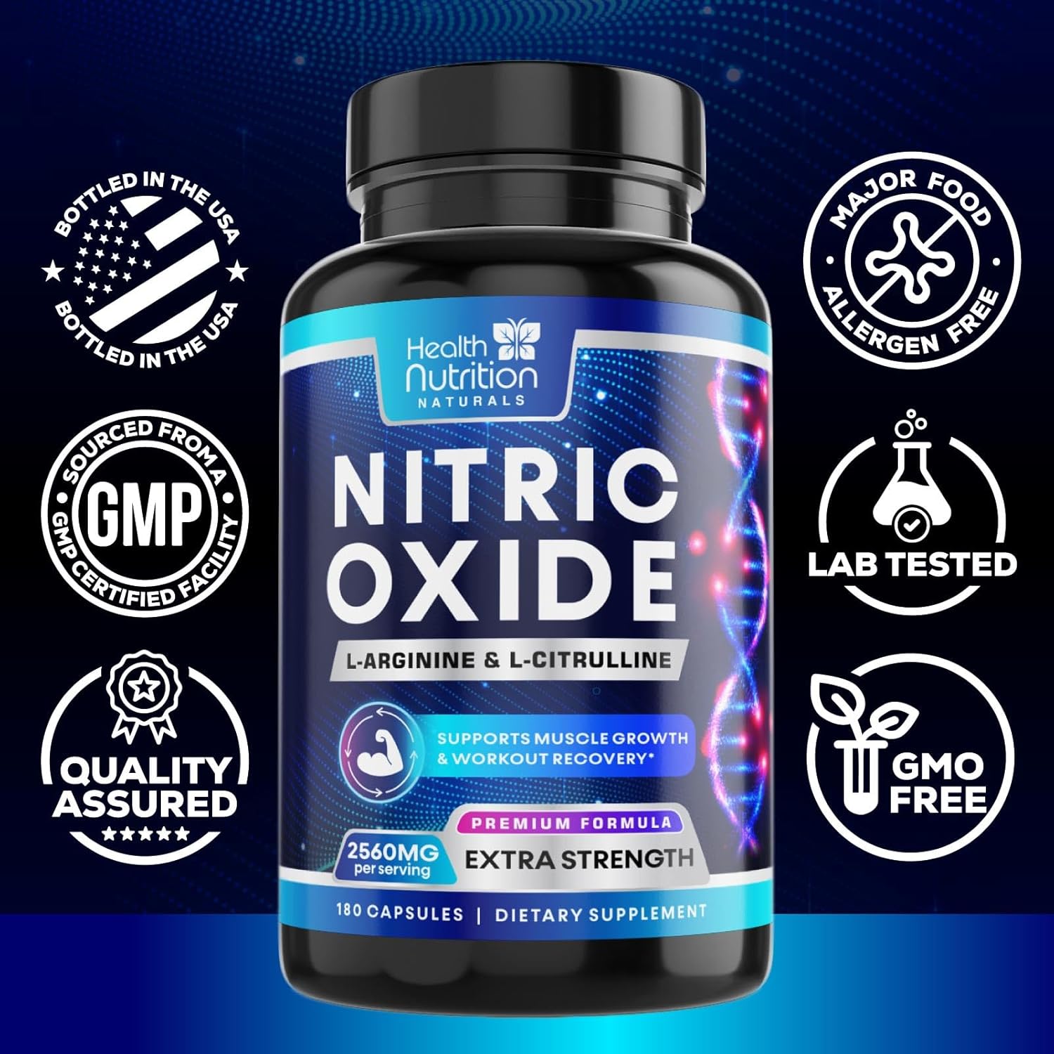 Premium Muscle Supporting Nitric Oxide Supplement - Extra Strength L-Arginine Blend with Citrulline Malate, AAKG, Beta Alanine - Boost Energy & Strength for Intense Workouts - 180 Capsules