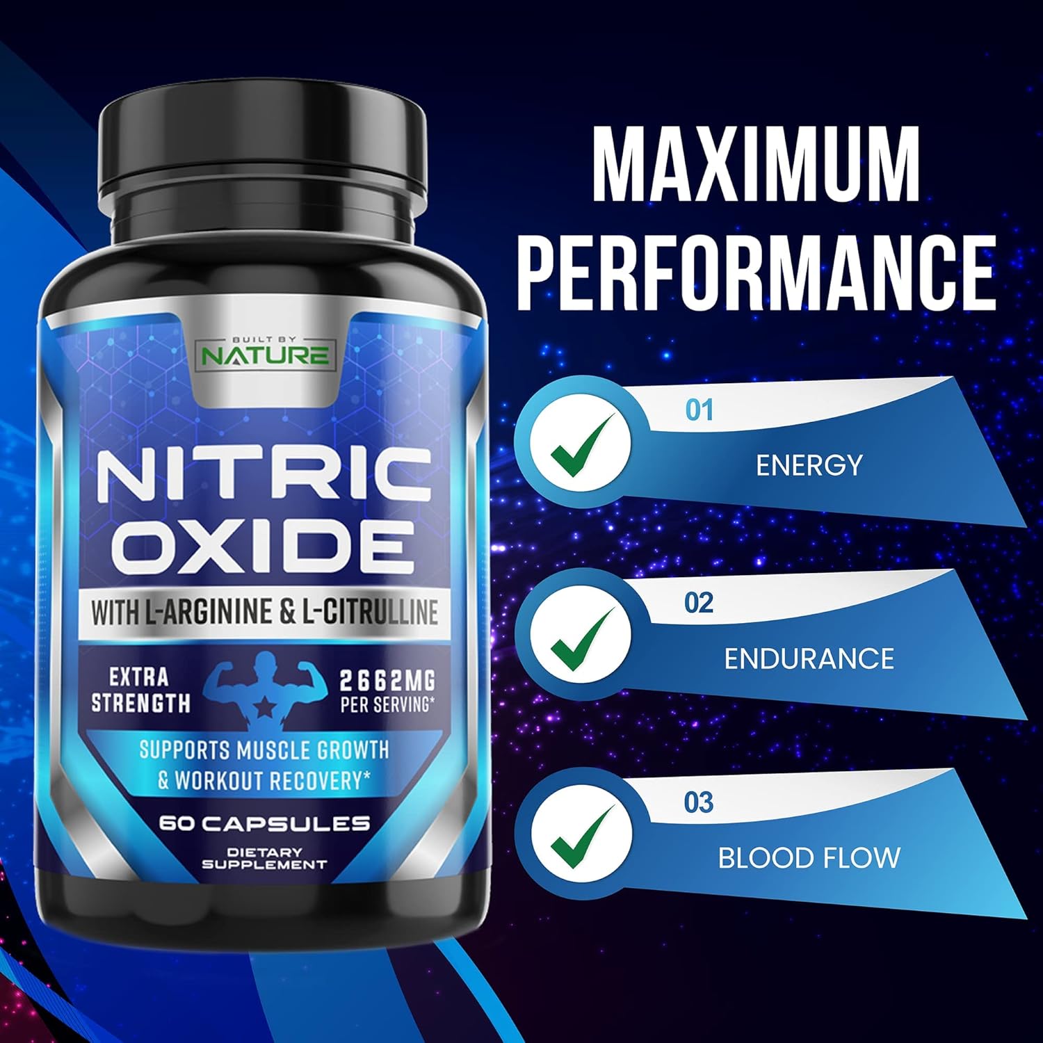 Premium Muscle Supporting Nitric Oxide Supplement - Extra Strength L Arginine with Citrulline Malate, AAKG, and Beta Alanine - Boost Strength & Energy for Harder Training - 60 Capsules