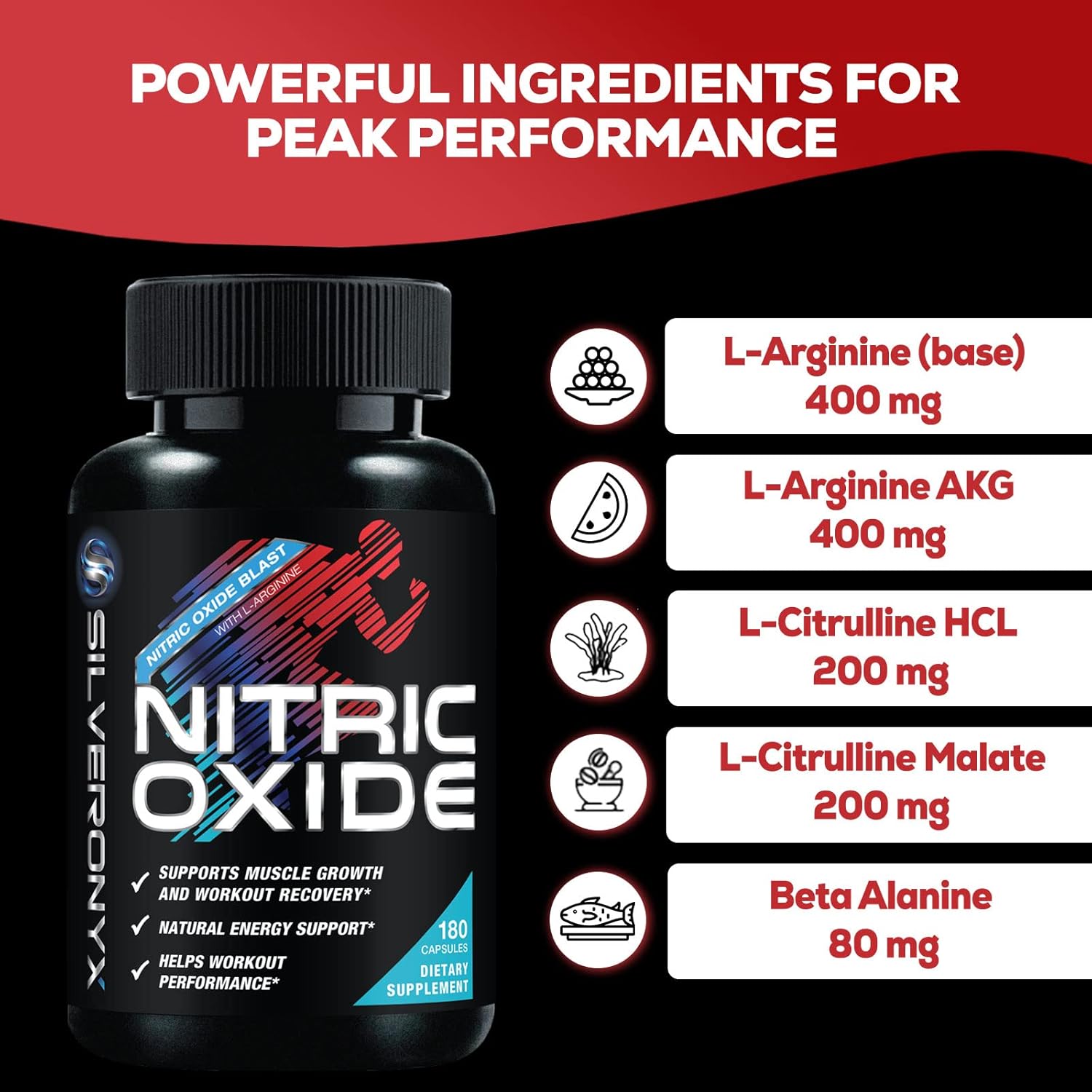 Premium Muscle Supporting Nitric Oxide Supplement - Enhanced Strength & Energy Formula - 180 Capsules