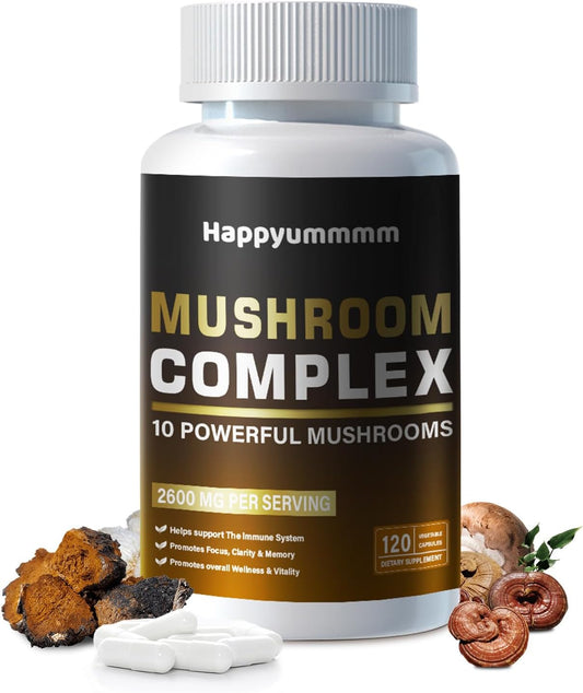 Premium Mushroom Complex Supplement 2600mg, 120 Capsules - 10 Blend of Reishi, Lions Mane, Cordyceps, Chaga, Turkey Tail, Maitake, Shiitake, Oyster - Nootropic Brain, Energy, Focus Pills for Optimal Health.