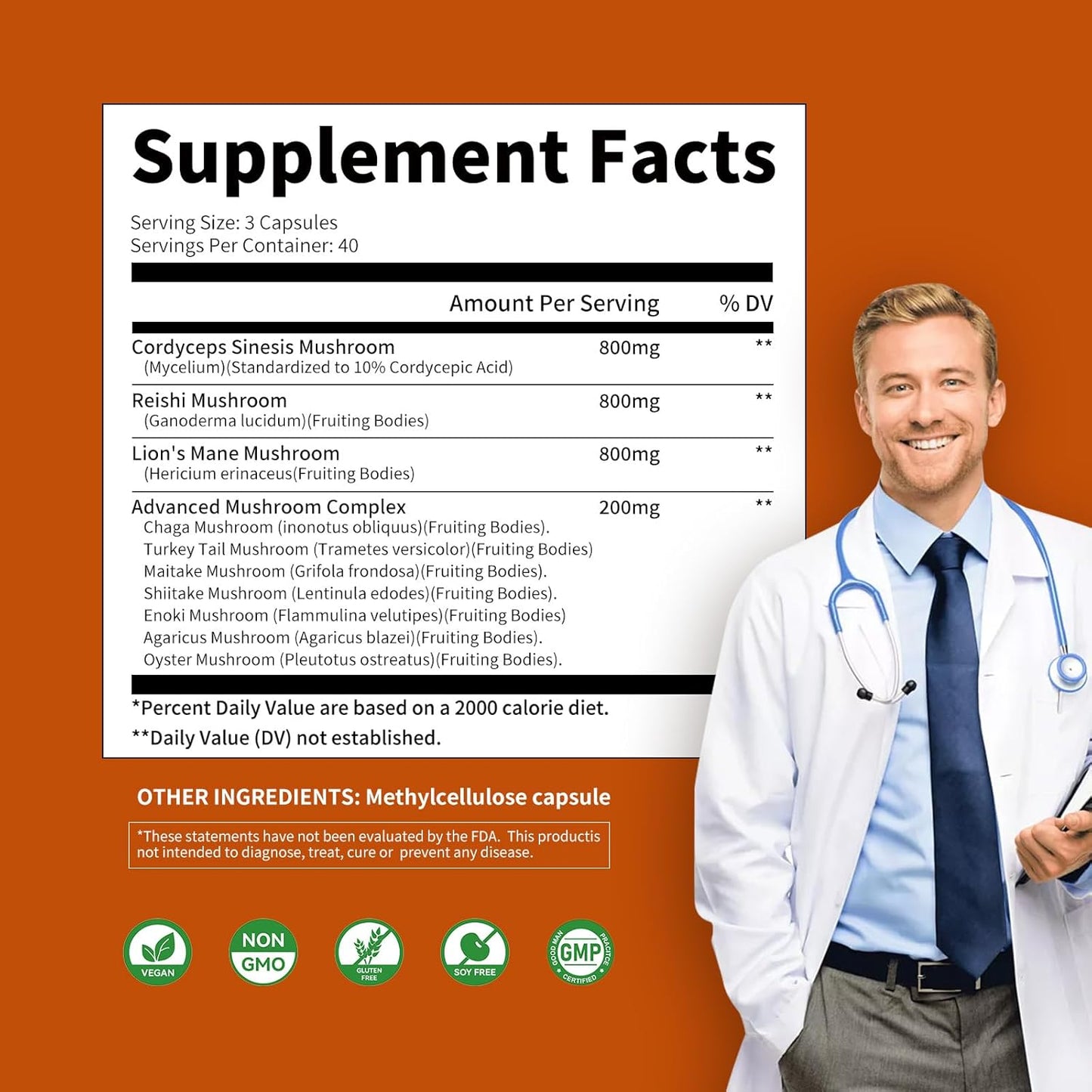 Premium Mushroom Complex Supplement 2600mg, 120 Capsules - 10 Blend of Reishi, Lions Mane, Cordyceps, Chaga, Turkey Tail, Maitake, Shiitake, Oyster - Nootropic Brain, Energy, Focus Pills for Optimal Health.