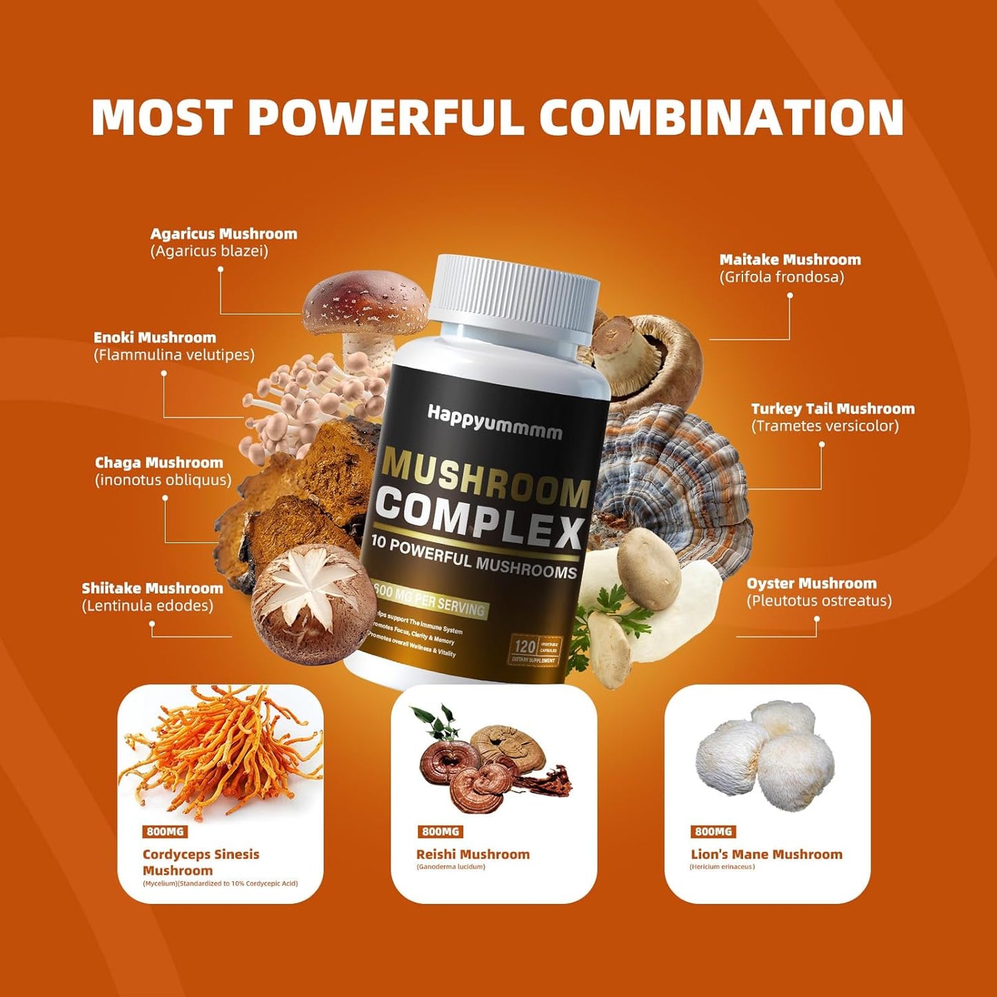 Premium Mushroom Complex Supplement 2600mg, 120 Capsules - 10 Blend of Reishi, Lions Mane, Cordyceps, Chaga, Turkey Tail, Maitake, Shiitake, Oyster - Nootropic Brain, Energy, Focus Pills for Optimal Health.