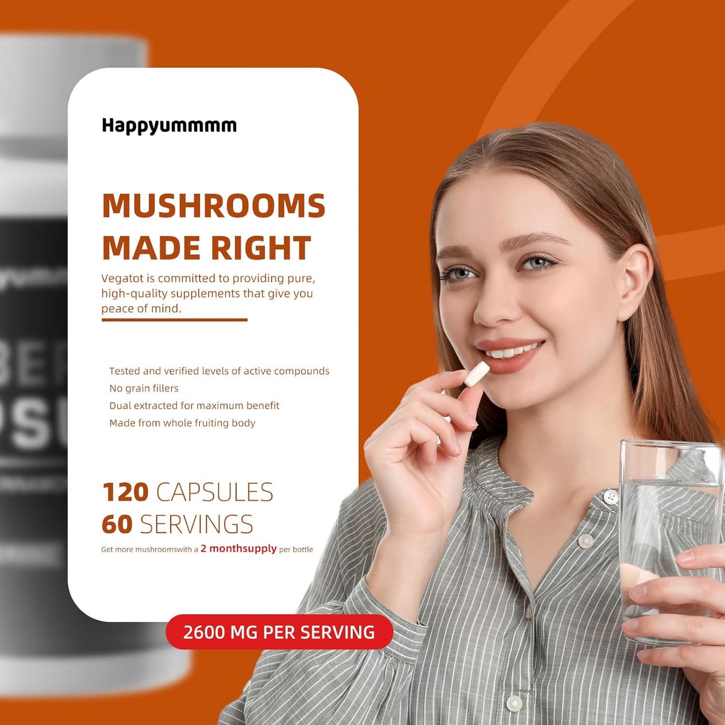 Premium Mushroom Complex Supplement 2600mg, 120 Capsules - 10 Blend of Reishi, Lions Mane, Cordyceps, Chaga, Turkey Tail, Maitake, Shiitake, Oyster - Nootropic Brain, Energy, Focus Pills for Optimal Health.