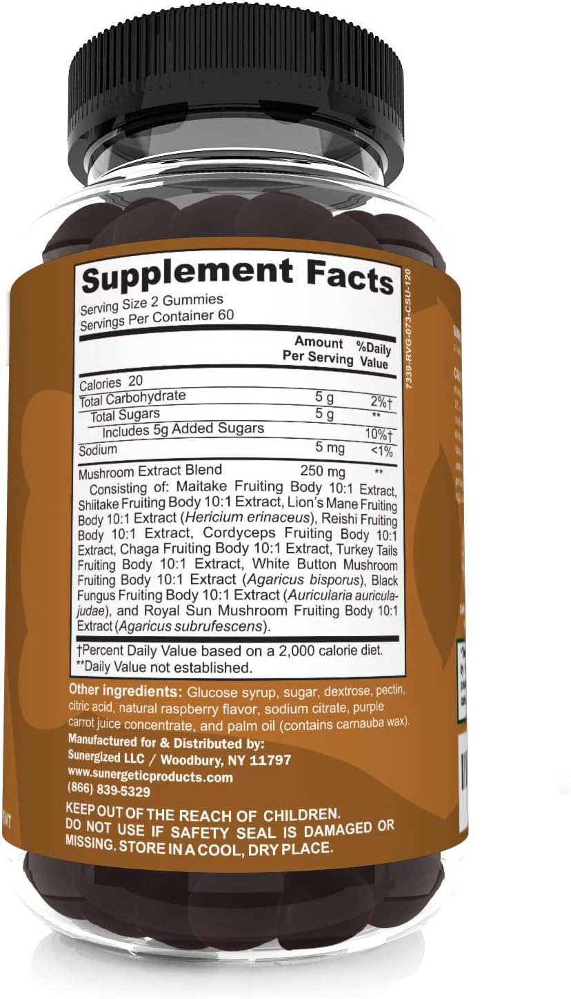 Premium Mushroom Gummies Supplement for Immune Health, Brain, Mood, and Stress Support - Blend of Lions Mane, Chaga, Reishi, Turkey Tail, Cordyceps - 120 Gummies