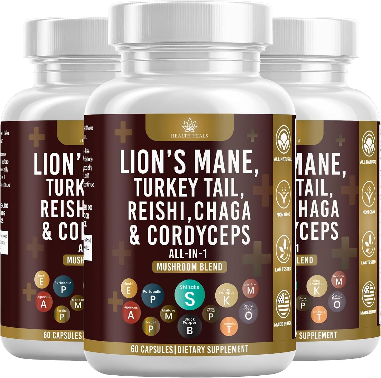 Premium Mushroom Supplement Blend with Lion's Mane, Turkey Tail, Reishi, Cordyceps, Chaga, and Marshmallow Root - 180 Capsules