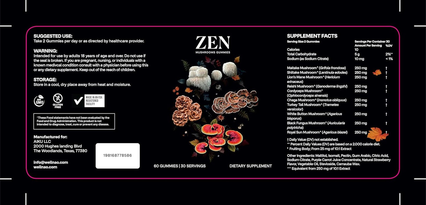 Premium NAO Zen 10-in-1 Mushroom Gummies for Brain, Immune & Energy Support - Reishi, Lion’s Mane, Chaga & More - Non-GMO, Vegan - Made in USA