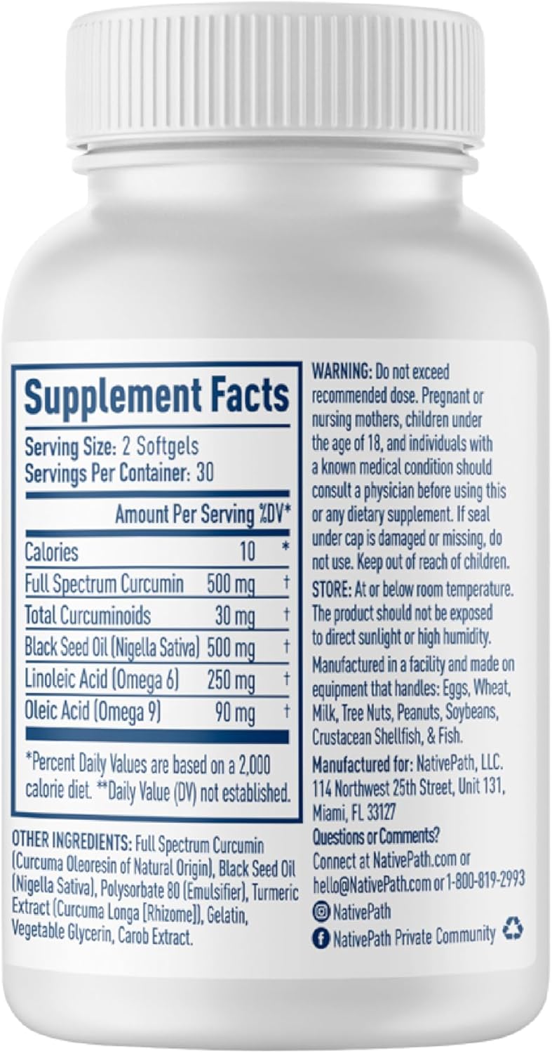 Premium NativePath Turmeric Curcumin Softgels with Black Seed Oil - Advanced Antioxidant & Joint Support - High Absorption Formula - Non-GMO & Gluten-Free - 60 Softgels