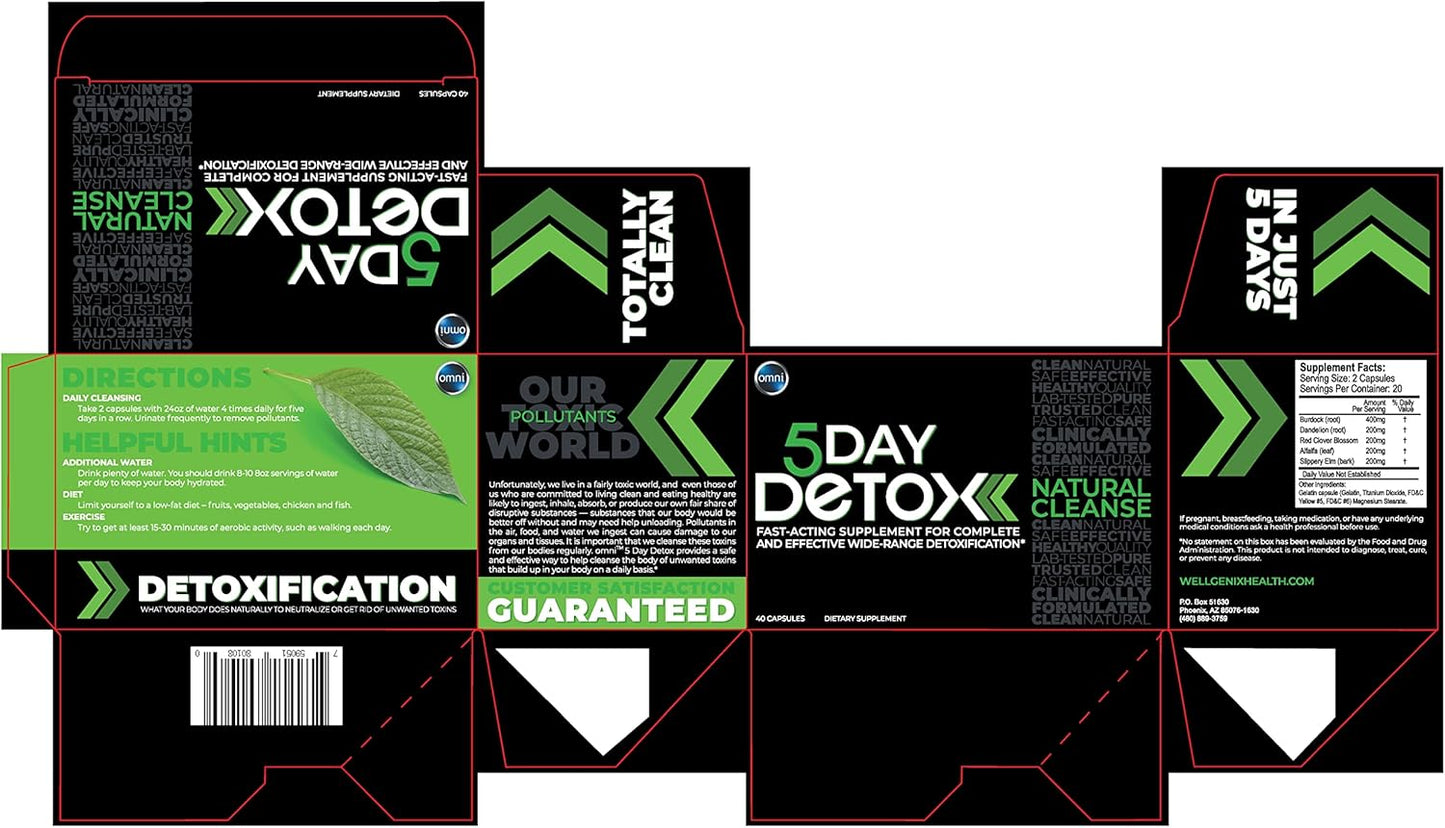Premium Natural Body Detox Supplement - Wellgenix Omni 5 Day Cleanse, 40 Capsules for Toxin Removal & Total Body Purge - Supports Liver, Kidneys, Urinary Tract, Digestive System