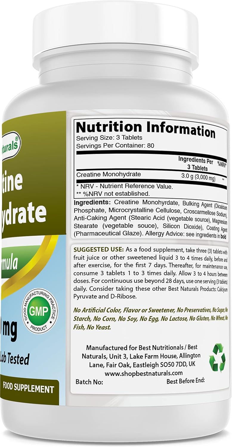 Premium Natural Creatine Monohydrate Tablets - 1000 mg, 240 Count