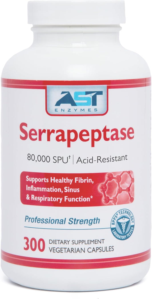 Premium Natural Systemic Enzymes: AST Enzymes Serrapeptase 80,000 SPU - 300 Vegetarian Capsules, Acid-Resistant