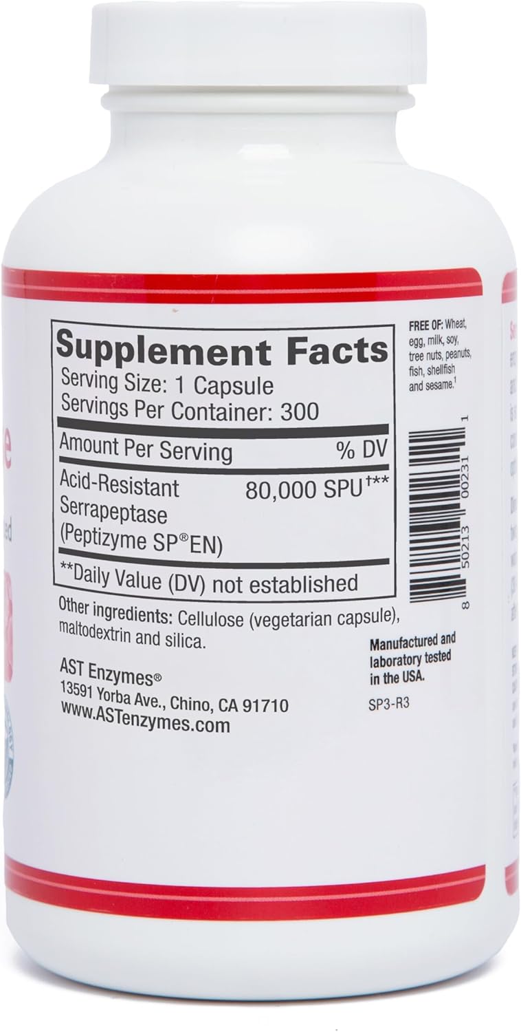 Premium Natural Systemic Enzymes: AST Enzymes Serrapeptase 80,000 SPU - 300 Vegetarian Capsules, Acid-Resistant