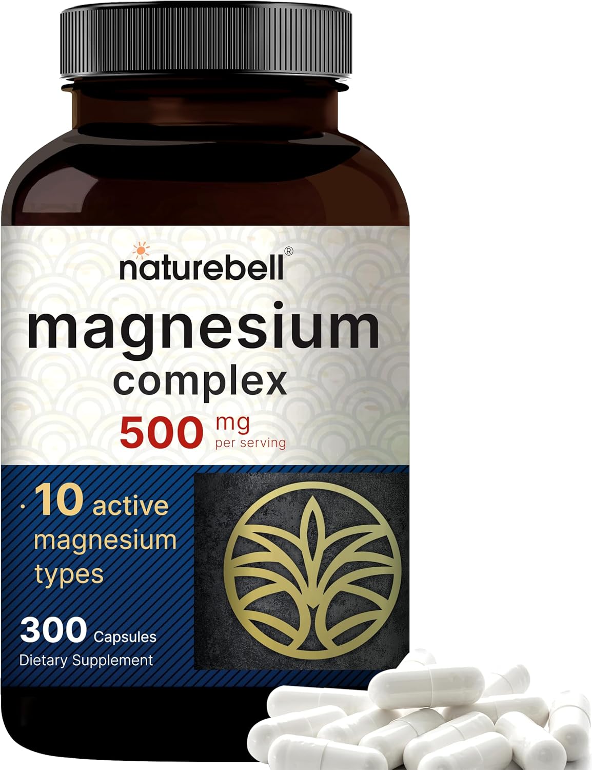 Premium NatureBell Magnesium Complex 500mg Supplement, 300 Capsules - 10 Active Forms for Bone, Heart, & Muscle Support - Non-GMO & Chelated