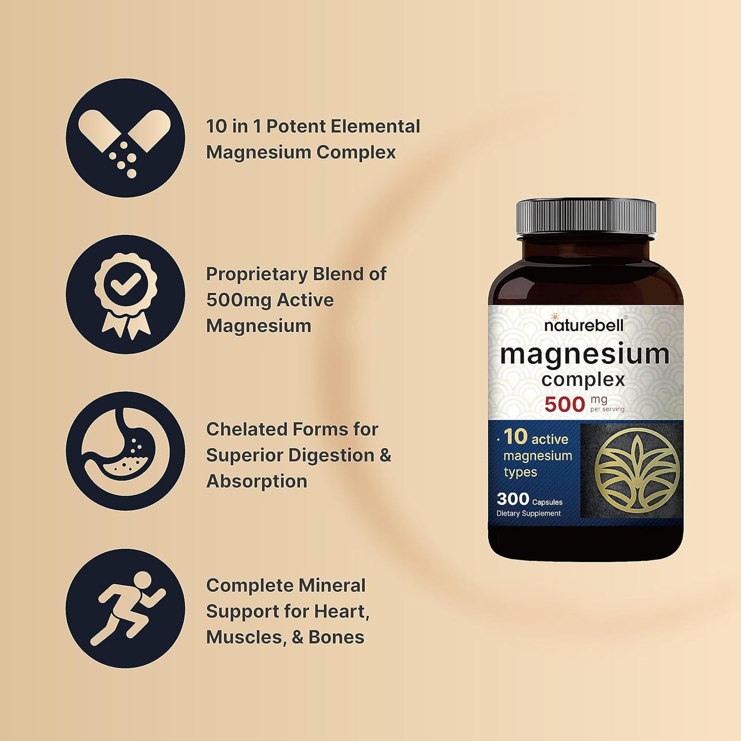 Premium NatureBell Magnesium Complex 500mg Supplement, 300 Capsules - 10 Active Forms for Bone, Heart, & Muscle Support - Non-GMO & Chelated