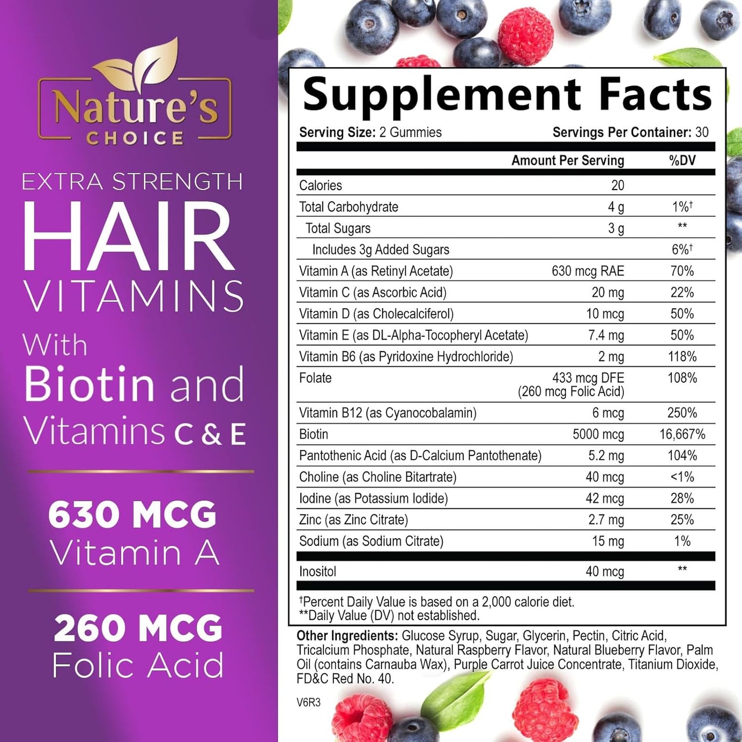 Premium Nature's Choice Biotin Gummies 5000 mcg for Hair Growth & Skin - 60 Vegetarian Gummy Bears with Vitamin E & C, Non-GMO Hair Vitamins Supplement
