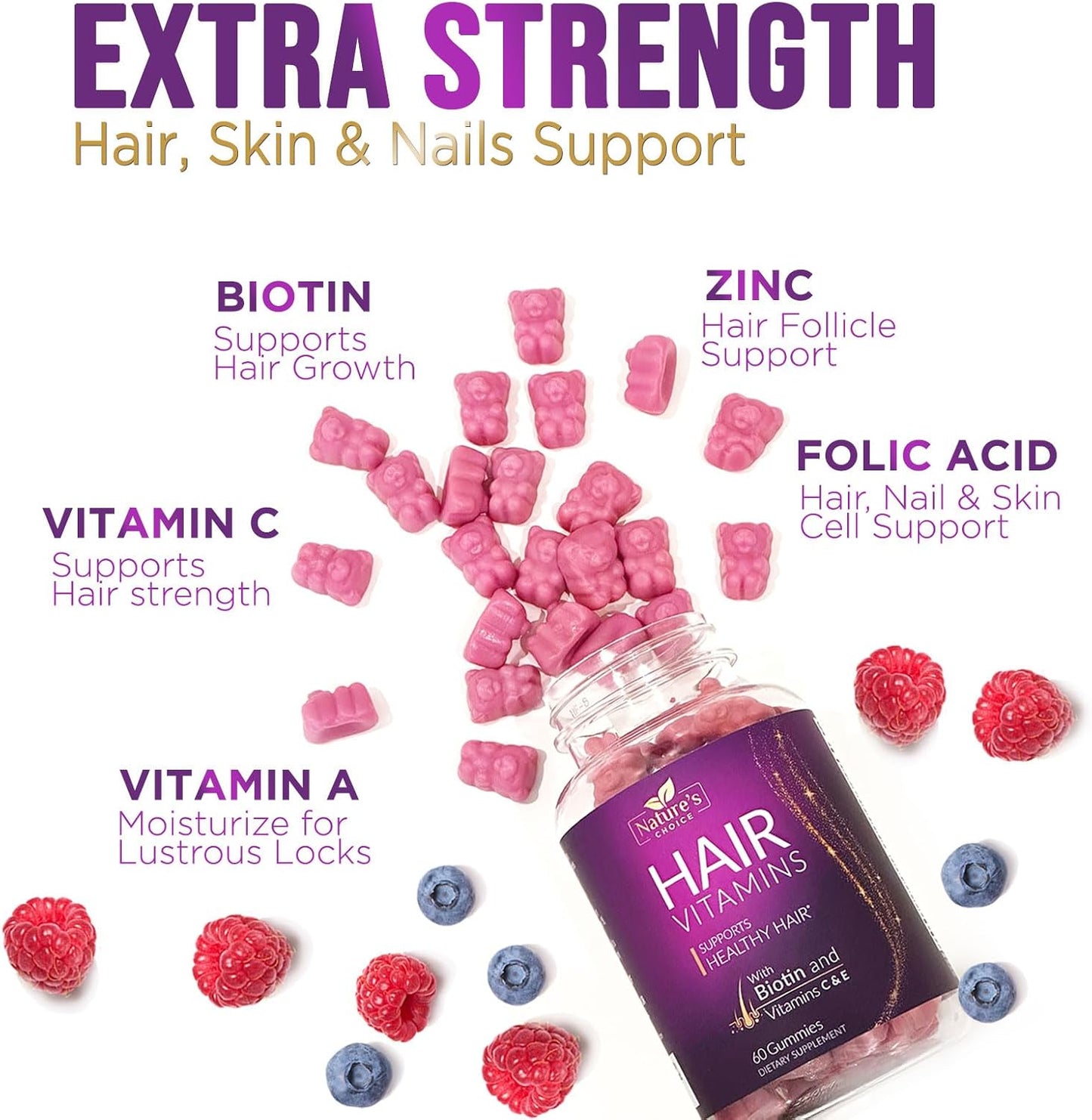 Premium Nature's Choice Biotin Gummies 5000 mcg for Hair Growth & Skin - 60 Vegetarian Gummy Bears with Vitamin E & C, Non-GMO Hair Vitamins Supplement