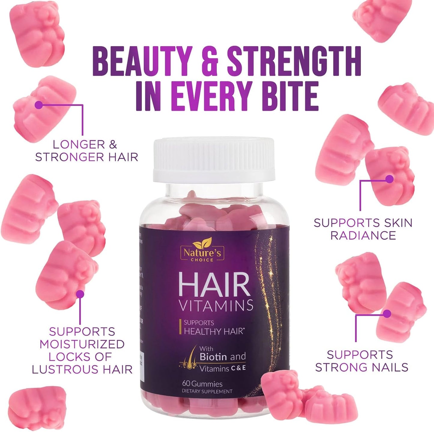 Premium Nature's Choice Biotin Gummies 5000 mcg for Hair Growth & Skin - 60 Vegetarian Gummy Bears with Vitamin E & C, Non-GMO Hair Vitamins Supplement